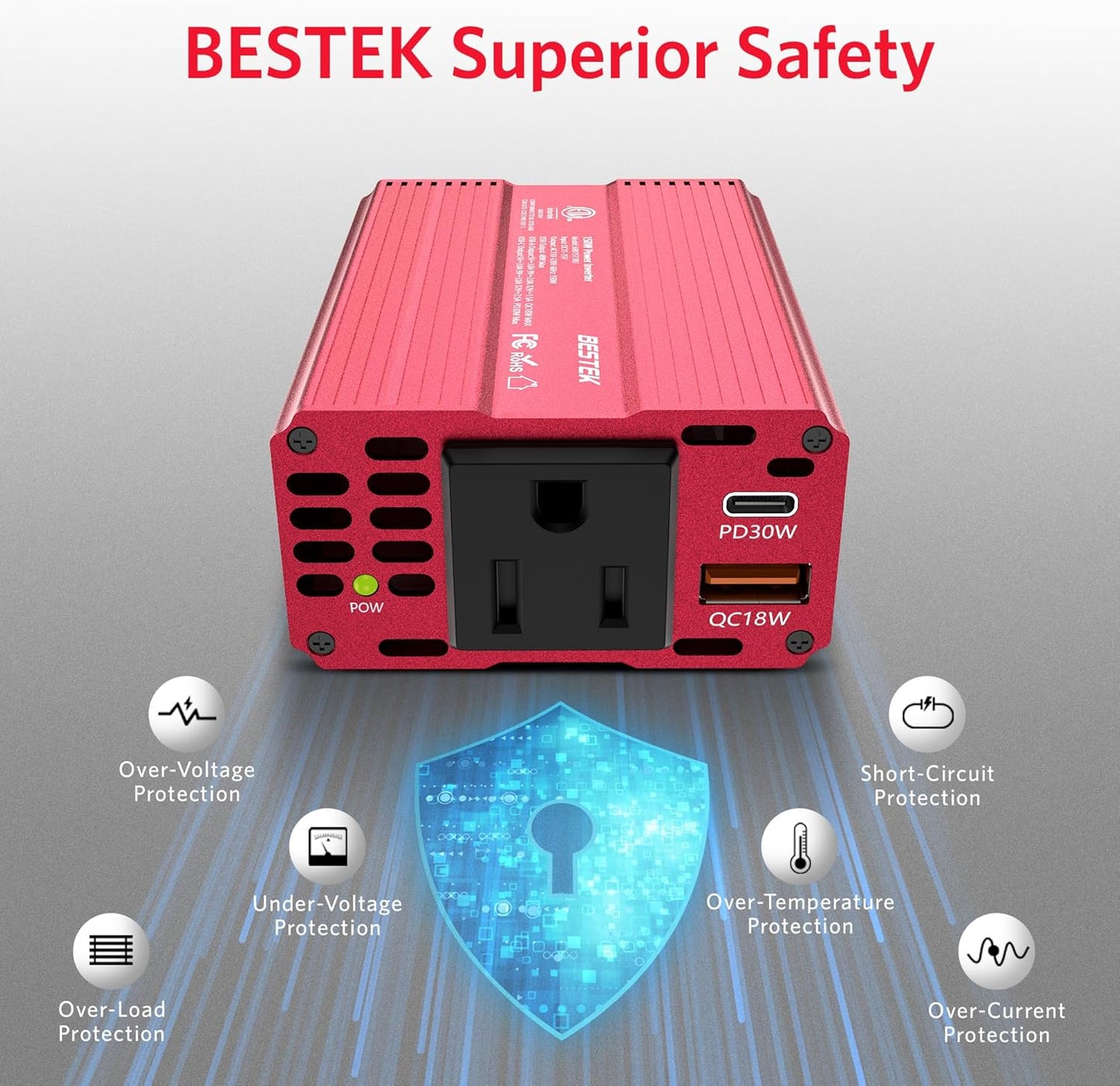 BESTEK [PD 30W&QC 3.0 18W USB Charger] 150W Car Power Inverter, DC 12V to 110V AC Converter Laptop Car Charger Outlet Adapter for car