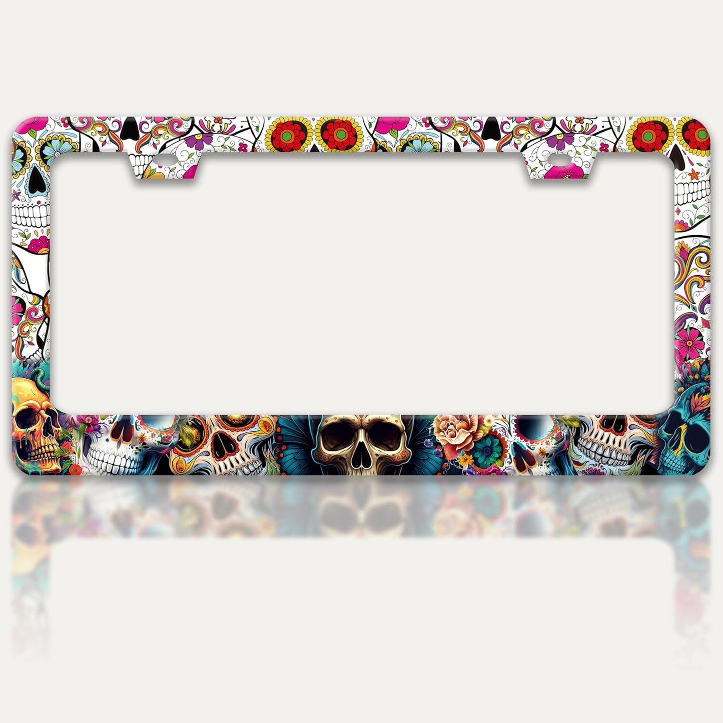 Sugar Skull License Plate Frame Skeleton Flowers License Plate Holders Funny Stainless Steel Auto Accessory Bracket 2 Hole with Screws Universal Us Car License Plate Frames 6x12 Inch for Women Men