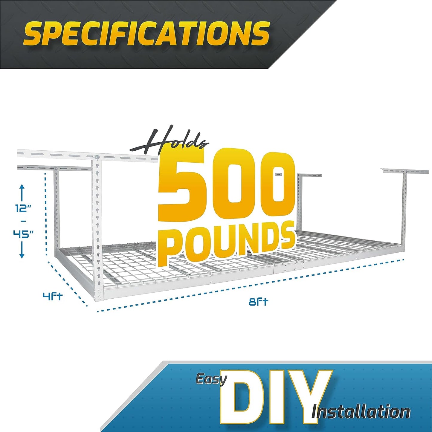 MonsterRax Overhead Garage Storage Racks 3x8’ (2-Pack) Ceiling Mounted Shelving, Adjustable Hanging Organizer, Heavy Duty Steel, Holds 500 Pounds, Color: White, Adjustable from 12"-21” off the Ceiling