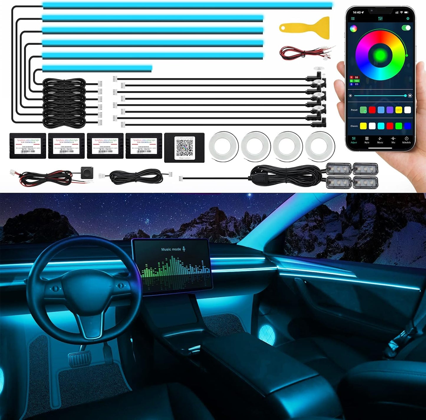 Acrylic Interior Car LED Strip Light with Wireless APP, RGB 22 in 1 with 175 inches 593 LEDs Fiber Optic Ambient Lighting Kits, 16 Million Colors Sound Active Function Car Neon Lights