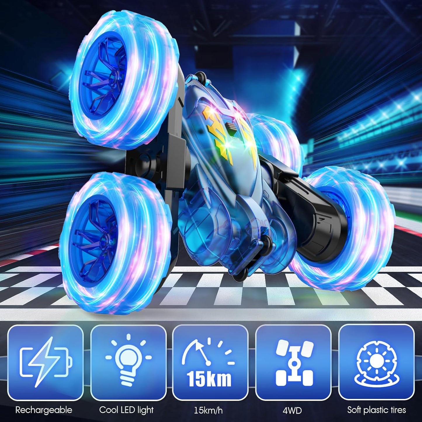 Remote Control Car,Stunt RC Cars for Kids with Colorful Light,Fast USB-C Charging,Double-Sided 360° Rotating Rechargeable 4WD RC Truck Car Toys for Ages 5-7 Gift for Boys Girls Ages 8-12(Blue)