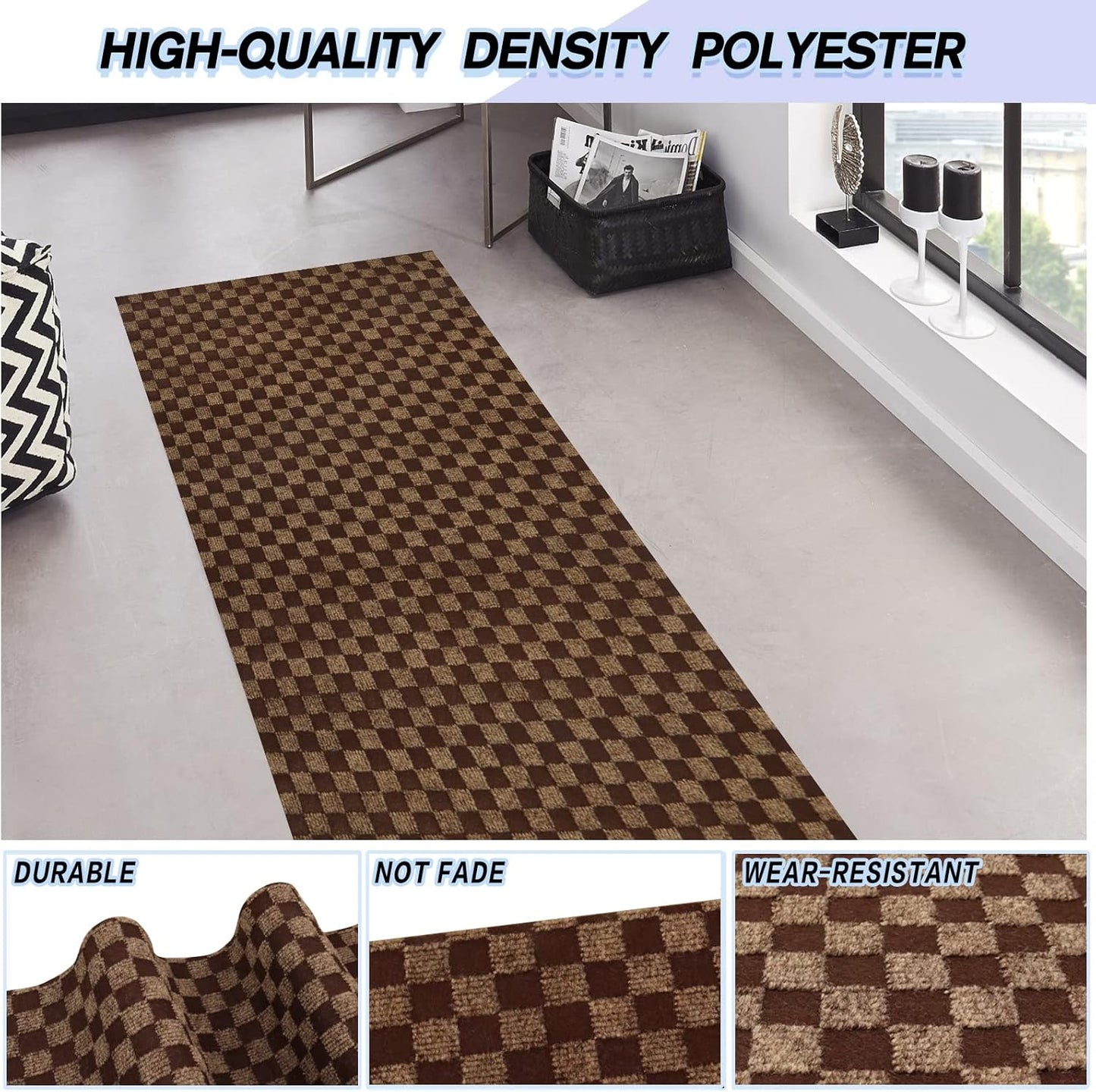 Custom Size Backed Non-Slip Area Rugs Runner, Easy Clean, Waterproof Runner Rugs for Hallway Entryway, Kitchen, Laundry, 2FT x 38FT, Brown Checkered