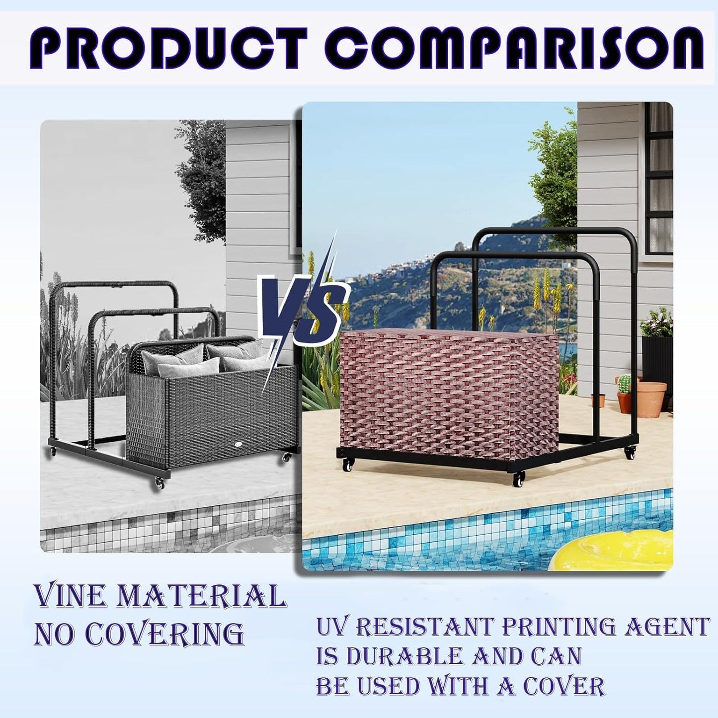 Pool Storage, All-Weather Float Storage Organizer for Cushions, Pool Float Storage Bin with Wheels, Waterproof Metal with Rattan Pattern UV Print Outdoor Pool Towel Rack, Brown