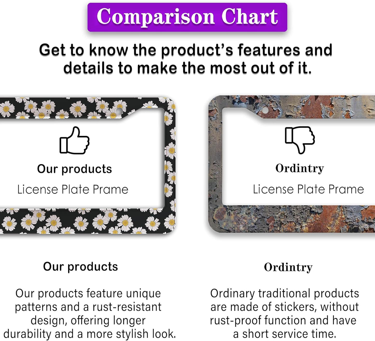 License Plate Protector Black and White License Plate Frames White Daisy Black Decorative Universal Aluminum Car Accessory 2 Pack with Screw Covers Set