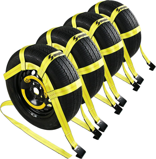 Tire Straps for A Car Trailer Tow Dolly Straps with Flat Hook 14"-19"Heavy Duty Tow Strap UTV Wheel Tie Down Strap for Hauling Cars 4 PK Truck Accessories Rescue Emergency Kit for Vehicles Essentials