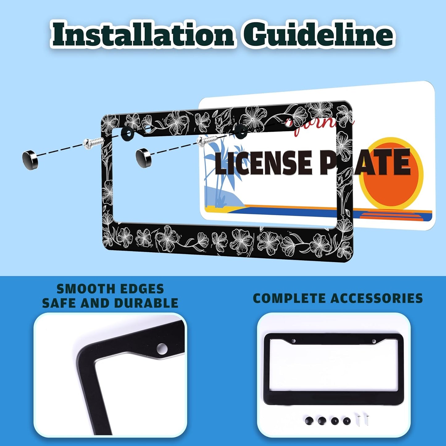 Black and White Line Drawing Flowers License Plate Frame Beautiful Floar License Plate Holder for Front or Rear Car Tags Reusable Stainless Steel Funny Car Decoration with Screws 6.3 X 12.2 in