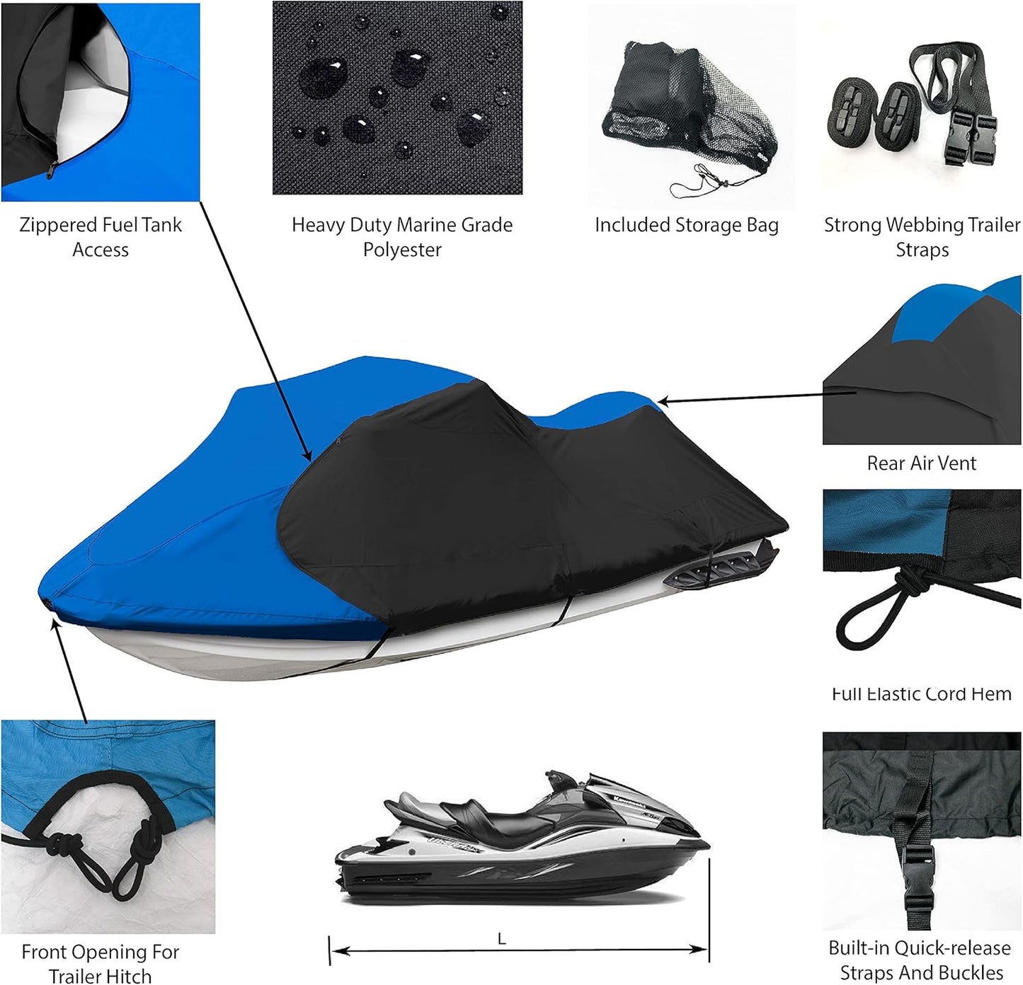Trailerable Jet Ski Cover, Waterproof Marine Grade 600D Heavy Duty Polyester PWC Cover Blue/Black Color Fits from 96"-102" 1 Seater