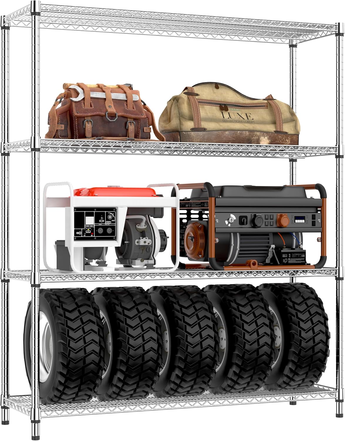 IZEUK 2640 LBS Garage Shelving Wide Storage Shelves 4 Tier Metal Shelves Heavy Duty Adjustable Utility Shelf Rack Chrome 17.7" D x 59.1" W x 70.4" H