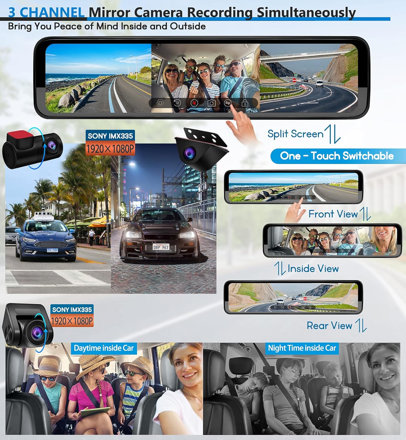 PORMIDO Triple Mirror Dash Cam 12" with Detached Front and in-Car Camera,Waterproof Backup Rear View Dashcam Anti Glare 1296P IPS Touch Screen with Sony Sensor,Starvis Night Vision,GPS,Parking Assist
