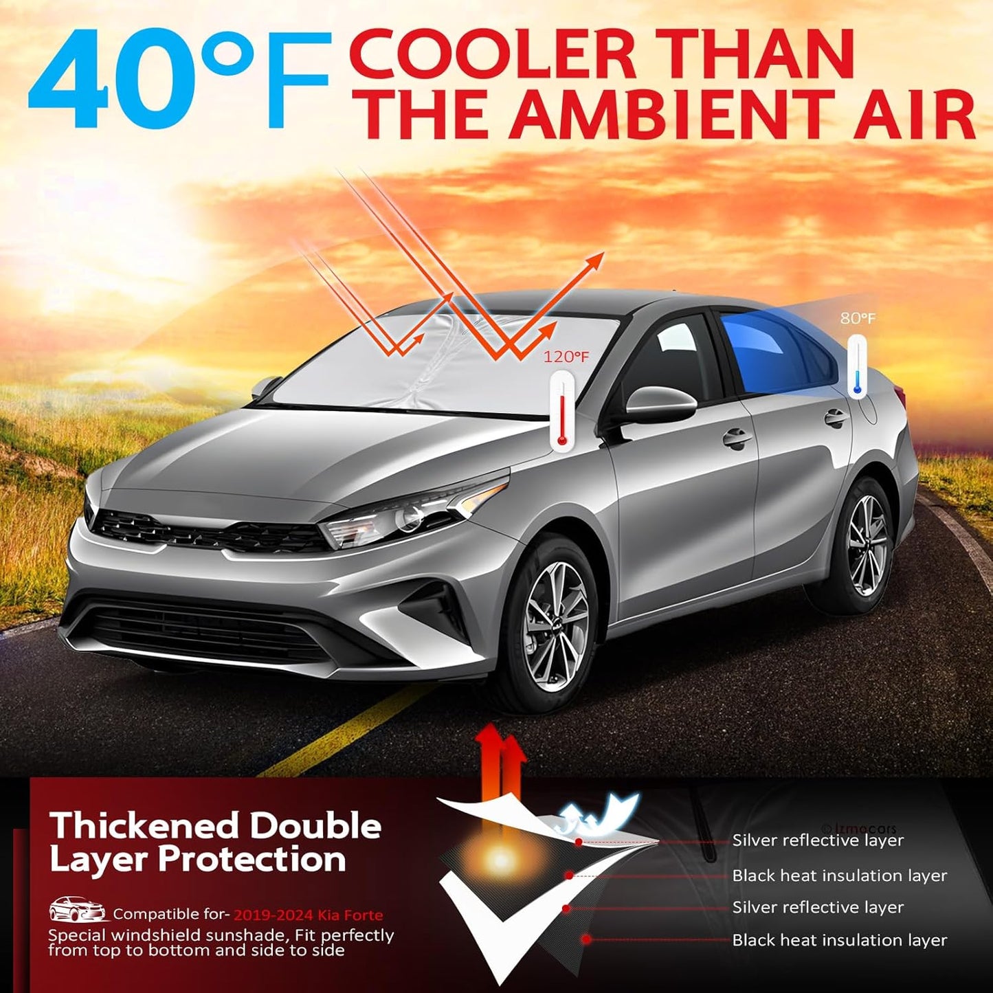 KAYZT Windshield Sun Shade for 2019-2024 Kia Forte Foldable Sunshade Front Window Custom Fit Car Accessories