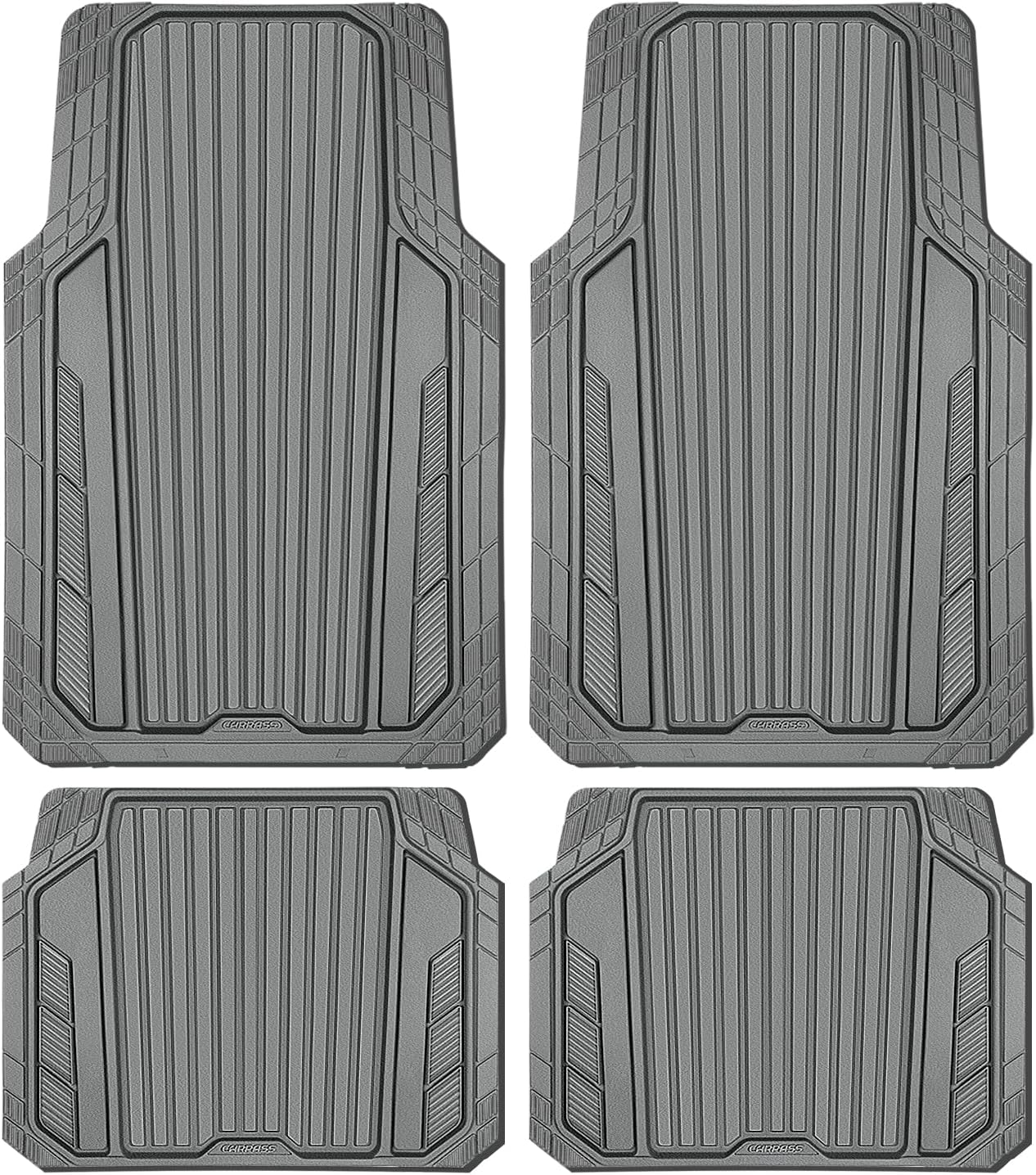 CAR PASS Heavy Duty Sporty Rubber Car Mats, Deep Dish All Weather Car Floor Mats Full Set, Waterproof Anti-Slip Automotive Matts Rugs Trim to Fit for Most Sedans SUVs Vans, 4-Piece All Gray