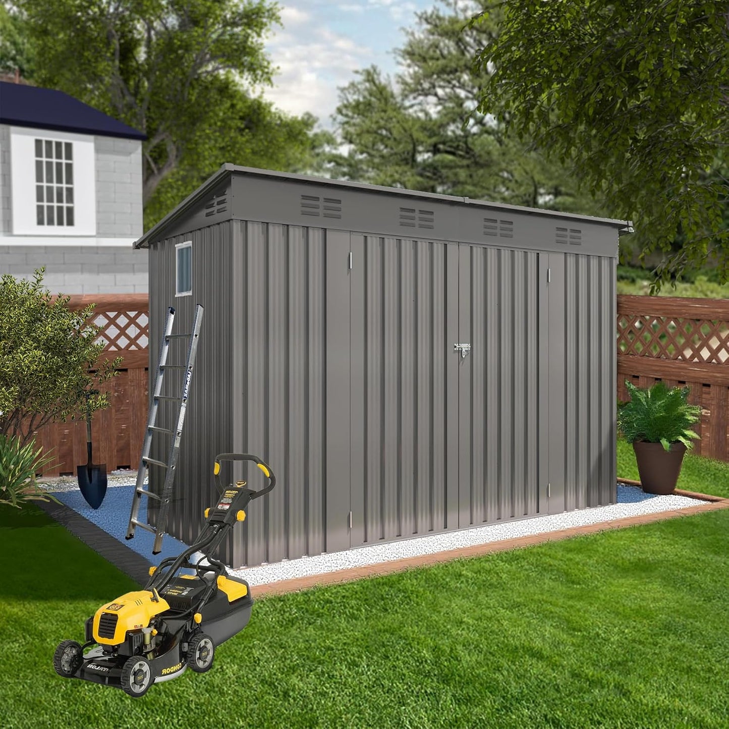 4x9 FT Outdoor Storage Shed,Metal Shed W/Window,Garden Storage Shed W/ 6 Air Vents & 2 Swing Doors,Weatherproof Tool House W/Sloped Roof,for Backyard Patio Lawn,Gray