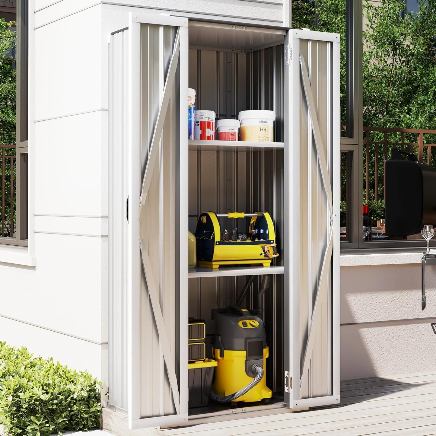 AECOJOY Outdoor Storage Cabinet Waterproof with Shelves, Vertical Tall Outdoor Cabinet Weatherproof, Garden Sheds & Outdoor Storage Clearance Cabinet Storage for Outside in White