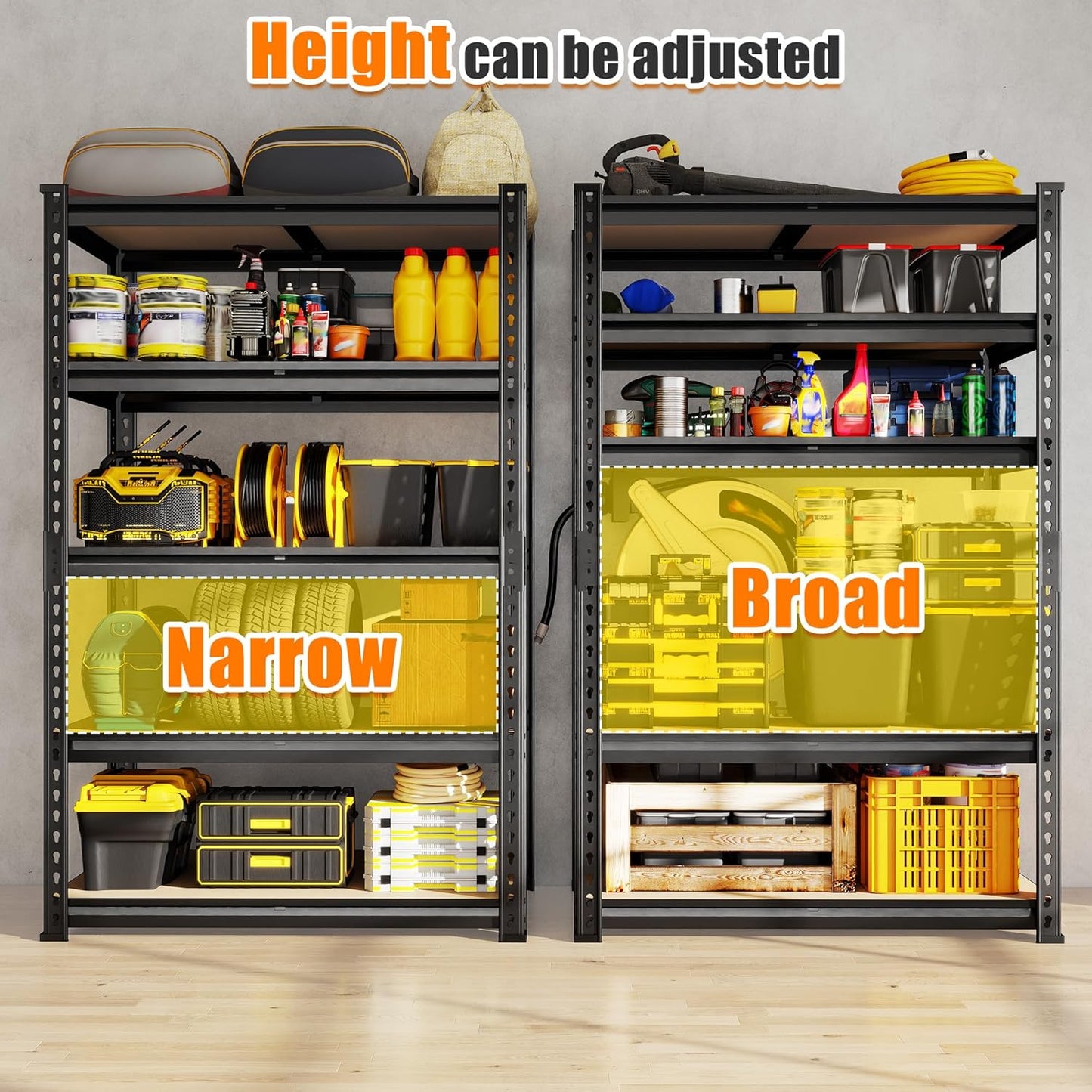 72.12" H Garage Shelving, Storage Shelves Load 2100LBS, 5-Tier Adjustable Shelving Unit with Thickened Wooden Boards for Multiple Scenarios, 72.12" H x 35.55" W x 11.85" D, Black, 3 Pack