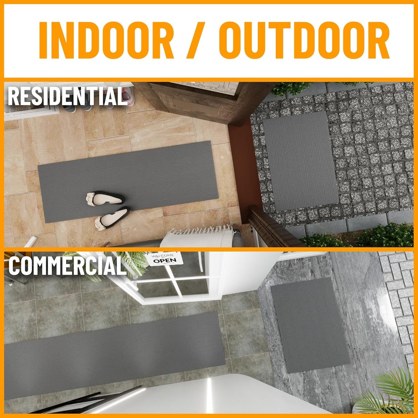 Ottomanson 2' x 17' Hallway Runner with Scraper Pile Extra Durable Non-Slip Rug Mat for Indoor & Outdoor Use - Ideal for Kitchen, Entryway, Patio & Garage - High-Traffic Carpet, Gray