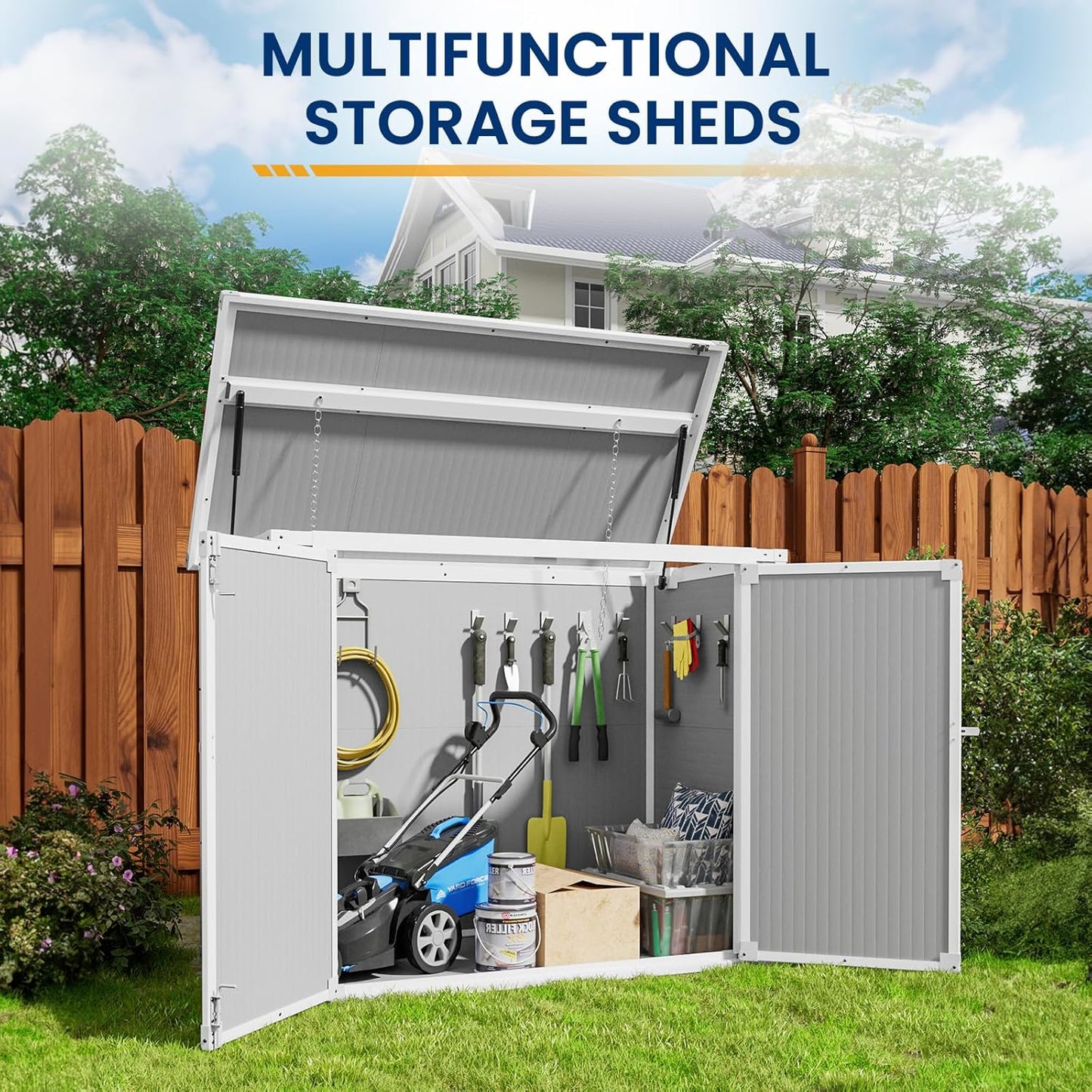 Amopatio 41 Cu Ft Horizontal Outdoor Storage Shed, Resin Trash Can Storage,Resin Shed for Garden Tools, Lawn Mowers, Garbage Cans, Patio Use, Grey