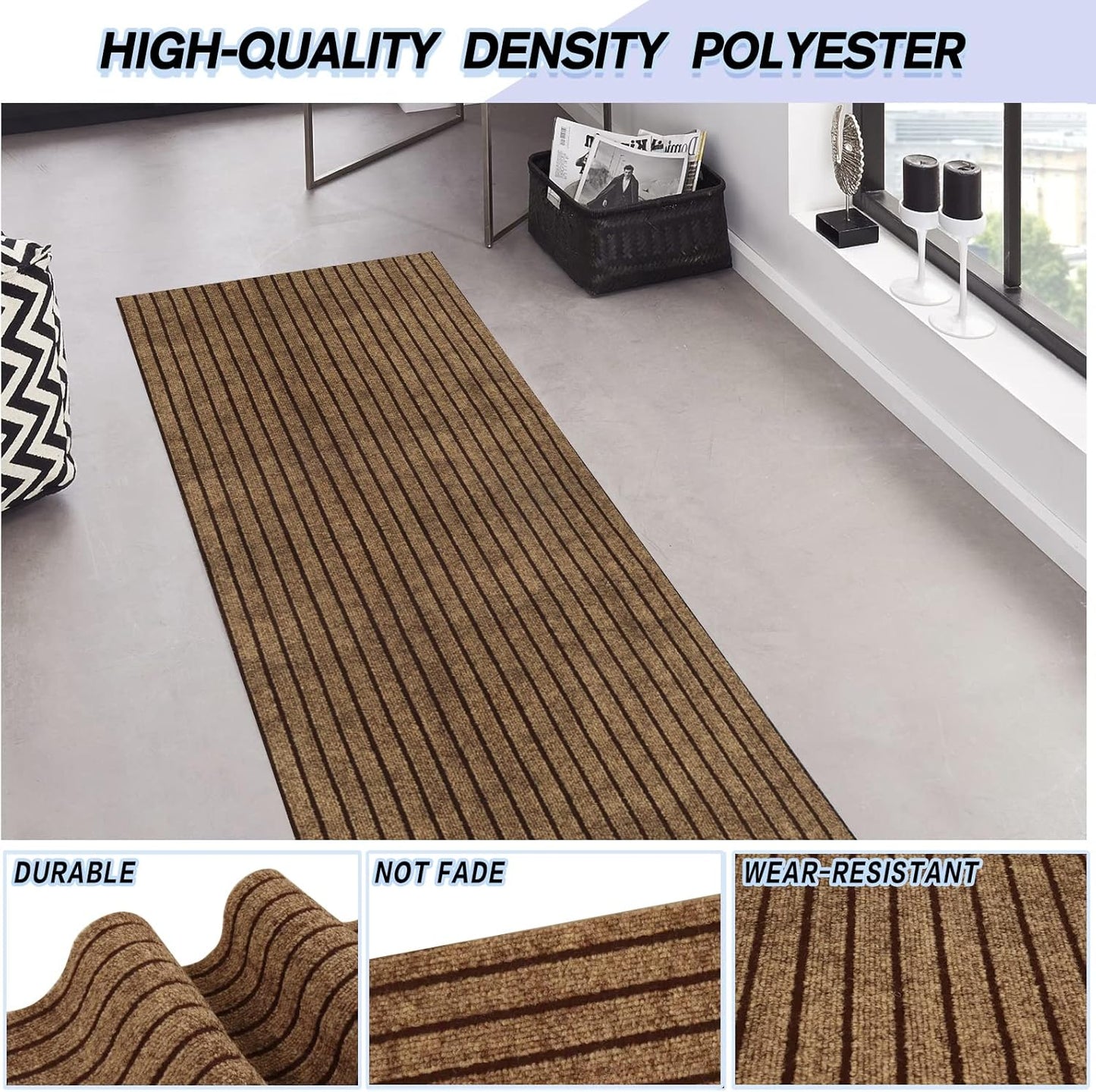 Custom Size Backed Non-Slip Area Rugs Runner, Easy Clean, Waterproof Runner Rugs for Hallway Entryway, Kitchen, Laundry, 4FT x 70FT, Brown Stripe