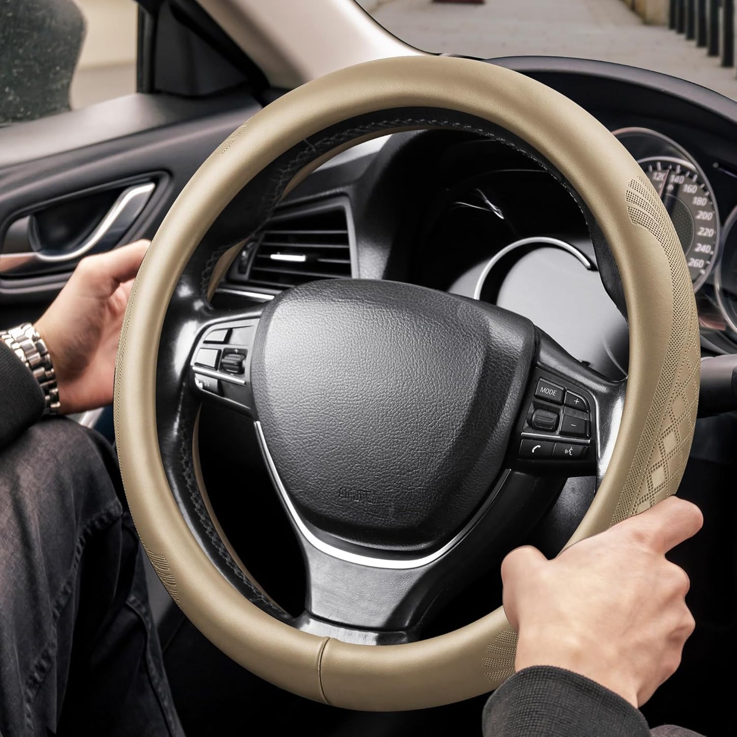 【2025 Model】 High-Grade Real Cowhide Steering Wheel Cover for Men Women，Beige Genuine Leather Steering Wheel Cover for Cars,Universal 14.5-15 inch Steering Wheels,Grid & Square Motif