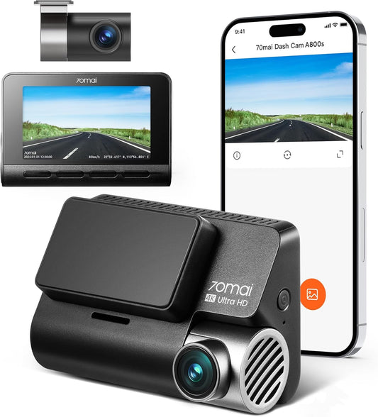 70mai 4K Dash Cam Front and Rear with STARVIS, Built in 5GHz WiFi & GPS Car Camera, Super Night Vision, ADAS, 3'' IPS Screen, 24H Parking Mode, Time-Lapse, Loop Recording, Support 256GB Max (A800S)