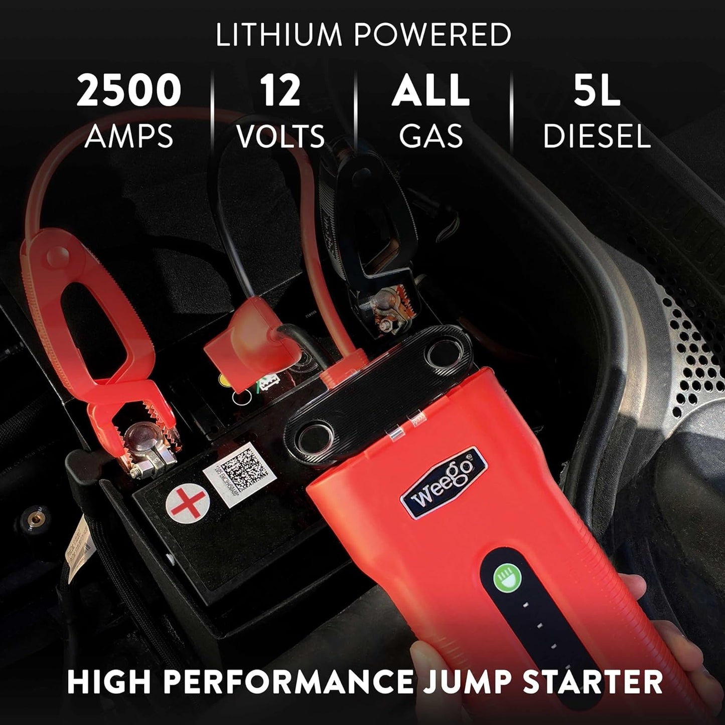 Weego N70 12V Portable Jump Starter, 2500 Peak Amp / 700 Cranking Amp, Patented Jumper Cables with Battery Pack, All Gas & 5L Diesel Engines (N70)