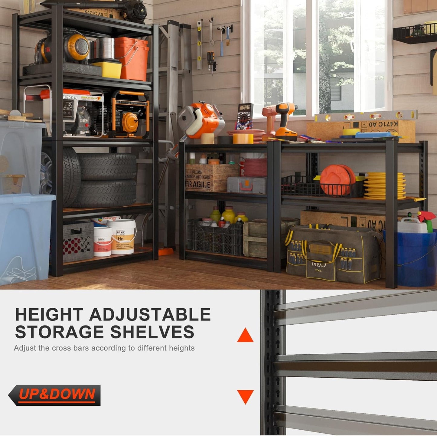 REIBII Storage Shelves 2500LBS Metal Shelving Adjustable Garage Shelving 5 Tier Garage Storage Shelves for Closet Kitchen Pantry 24.4''W X 16.4''D X 60''H