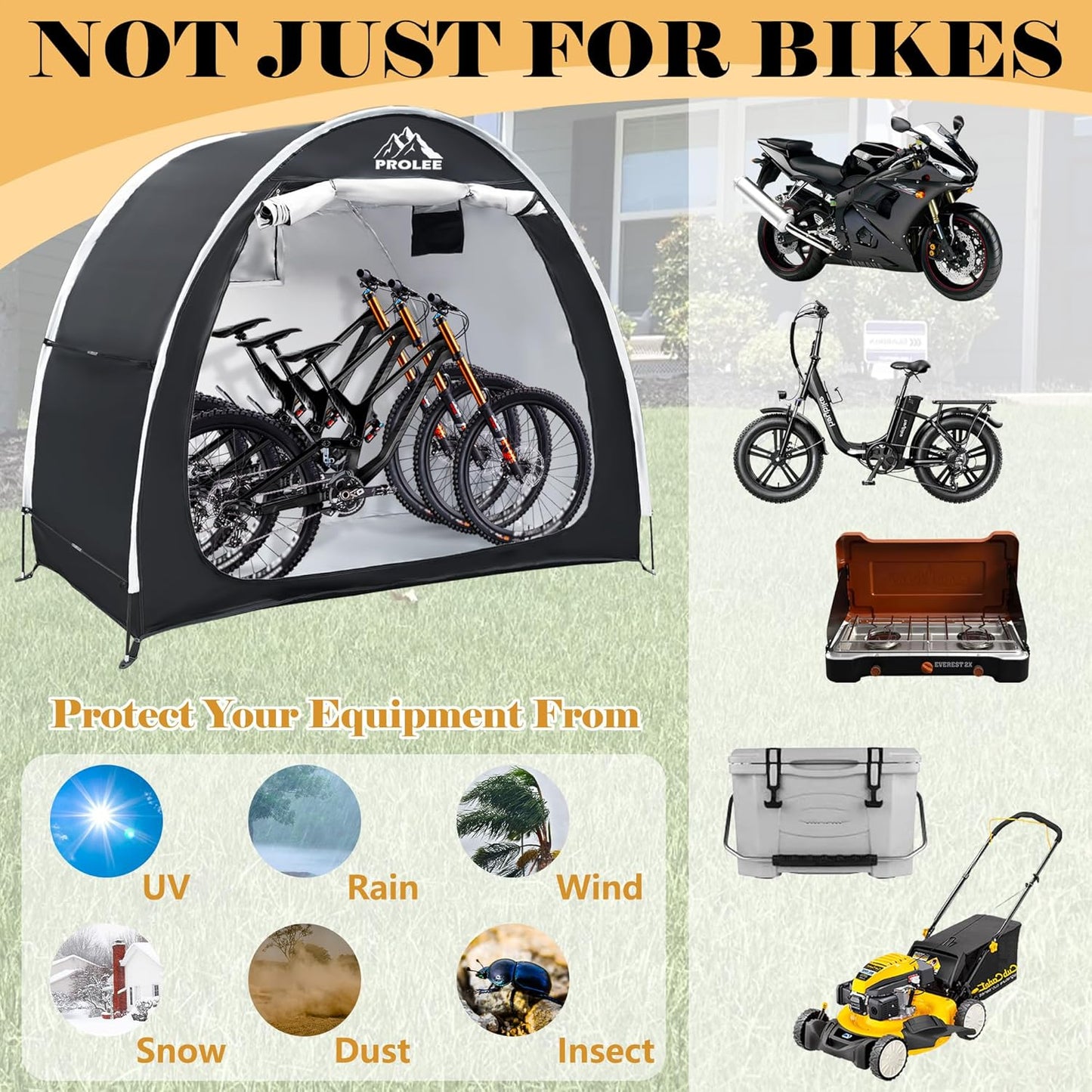 PROLEE Bike Shed 6.6FT, Waterproof Oxford Fabric Storage Tent for 2 Bikes, Outdoor Storage with Window Design, Black