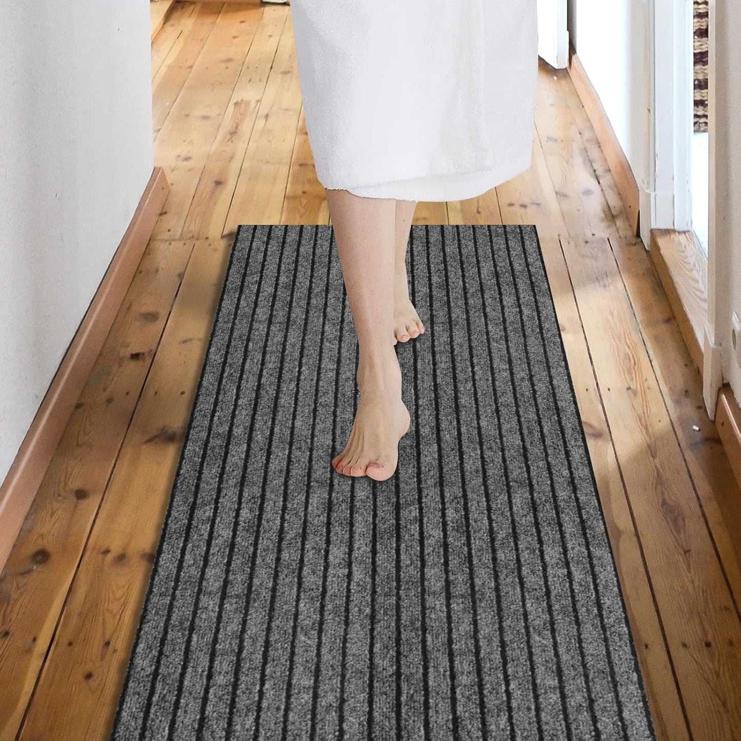 Custom Size Backed Non-Slip Area Rugs Runner, Easy Clean, Waterproof Runner Rugs for Hallway Entryway, Kitchen, Laundry, 3FT x 33FT, Gray Stripe