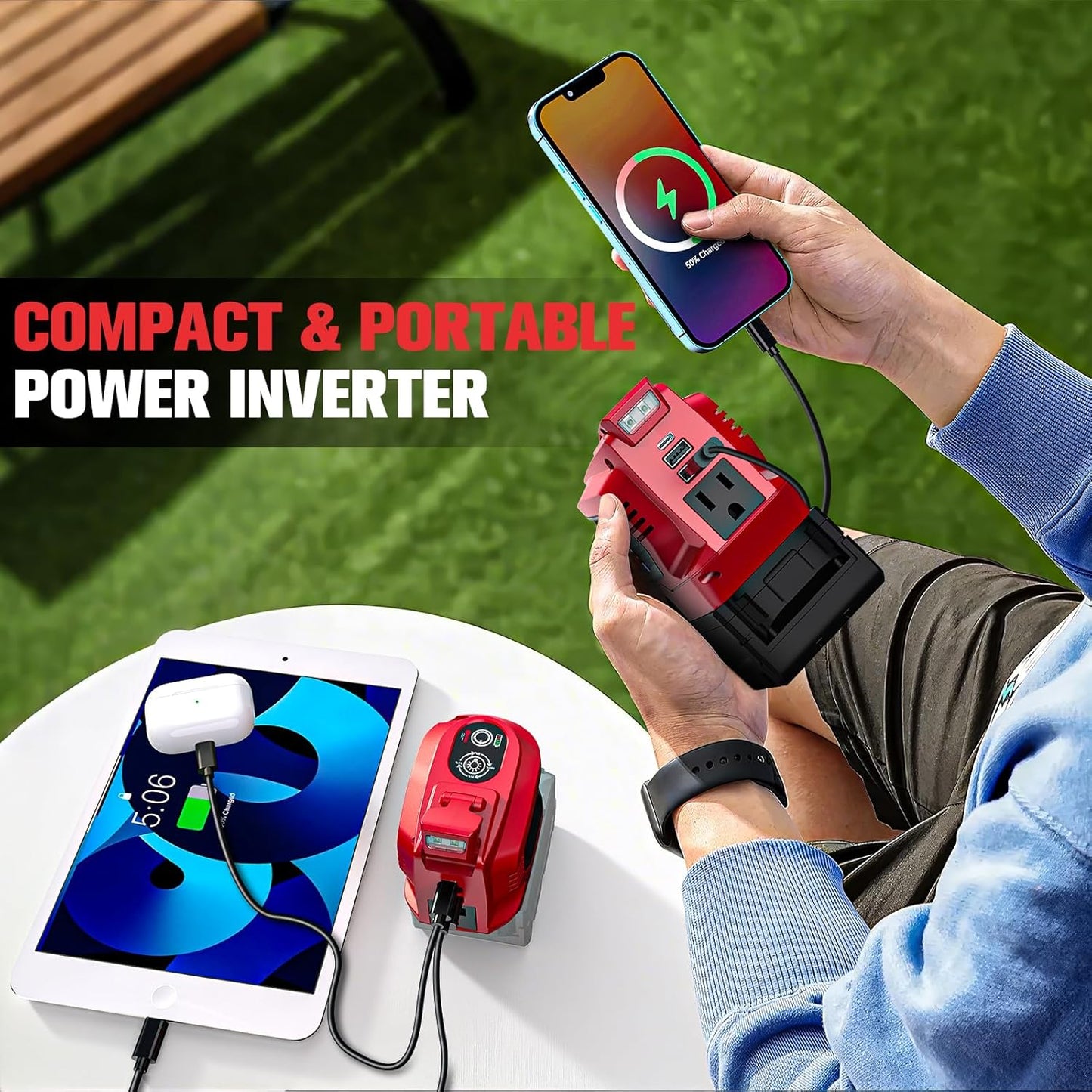 Power Inverter Compatible with Milwaukee 18V Battery,Ecarke 200W Portable Power Supply Phone Charger,DC 18V to AC 110V~120V Power Station with 2 USB&AC Battery Powered Outlet Inverter (2pc)