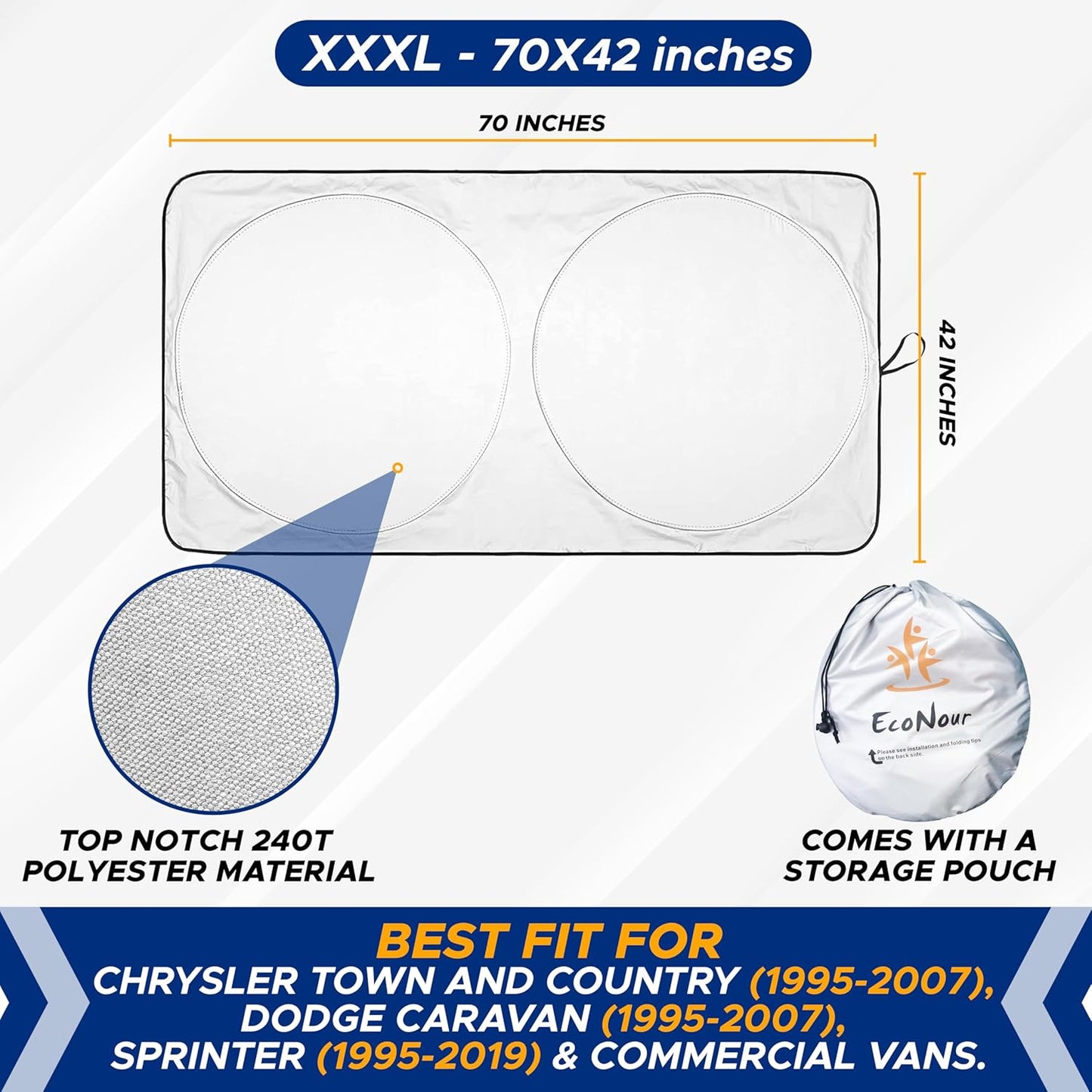 EcoNour Foldable Car Windshield Sunshade | Sun Shade for Car Windows Blocks UV Rays and Keeps The Heat Out | Foldable Essential Accessory for Enhanced Comfort XXX-Large (70 x 42 inches)