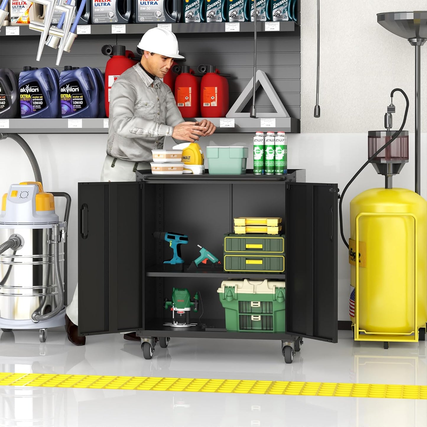 Metal Storage Cabinet with Wheels, Lockable Garage Cabinet with Doors and Shelves, Rolling Tool Storage, Assembly Required, Black