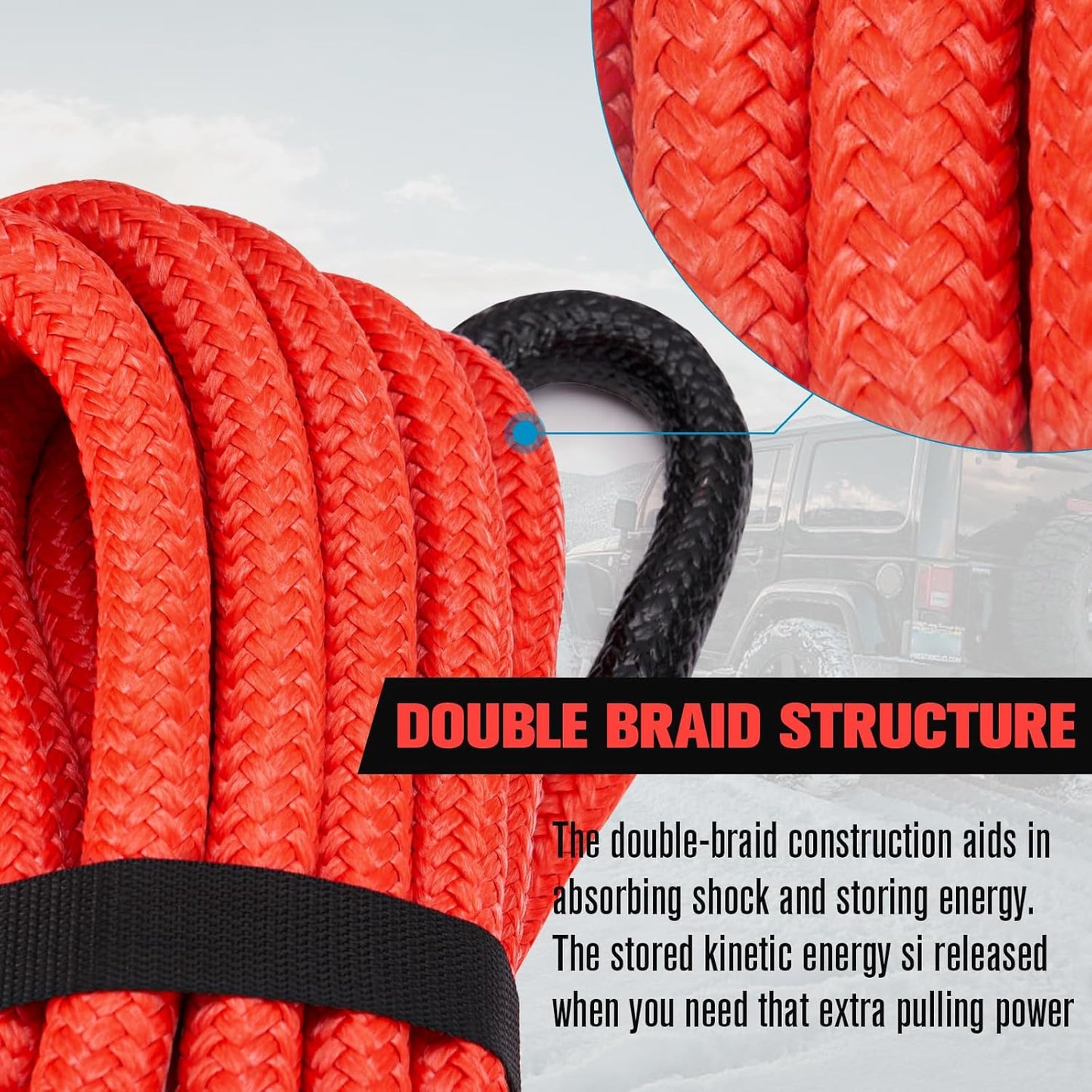 FieryRed Kinetic Recovery Rope Kit with 2 Soft Shackles, 1 Inch x 30 FT Tow Rope,Heavy Duty Offroad Snatch Strap for UTV, ATV, Truck, Car, Jeep, Tractor