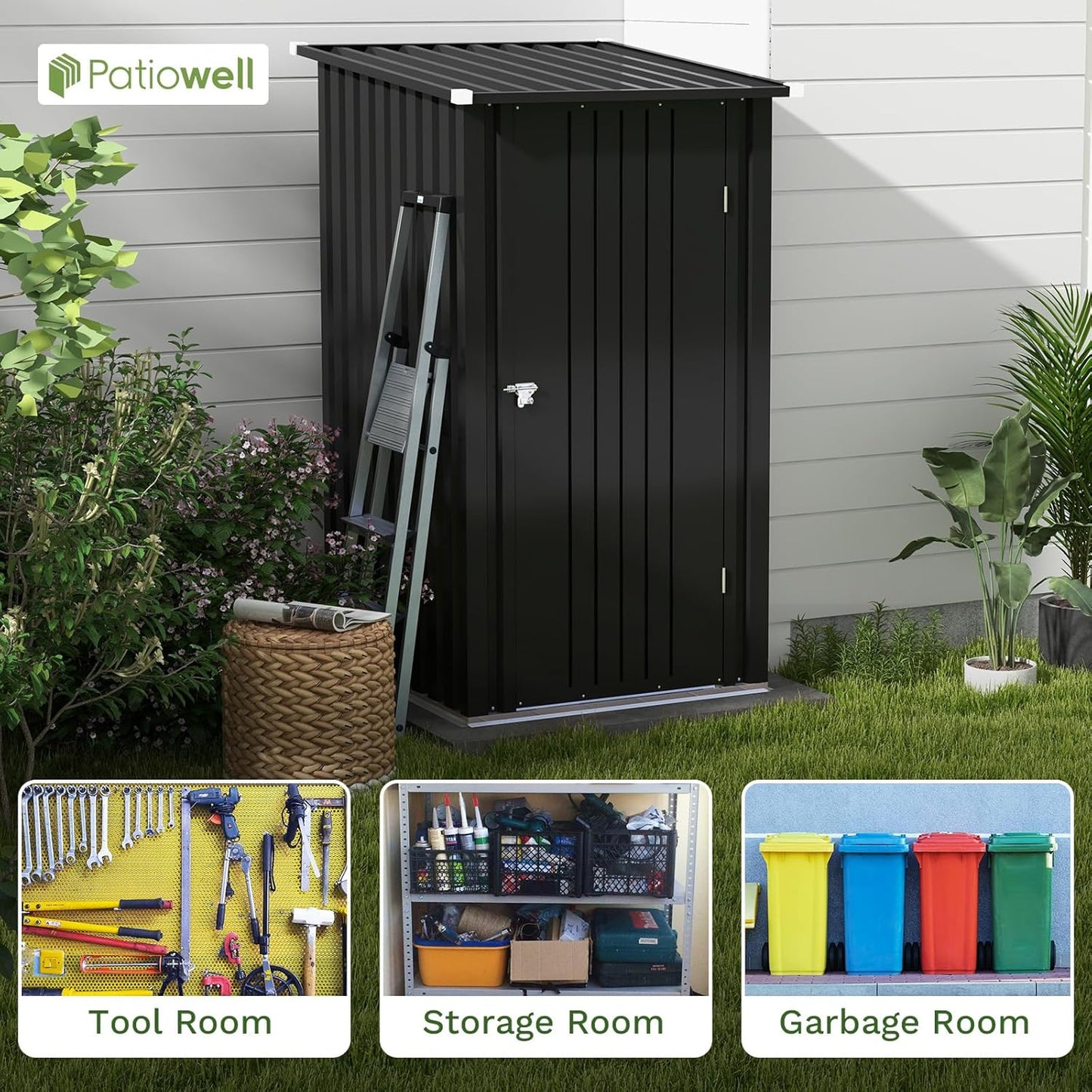 Patiowell 3 x 3 FT Outdoor Storage Shed,Small Garden Tool Storage Shed with Sloping Roof and Single Lockable Door, Outdoor Shed for Backyard Garden Patio Lawn, Black