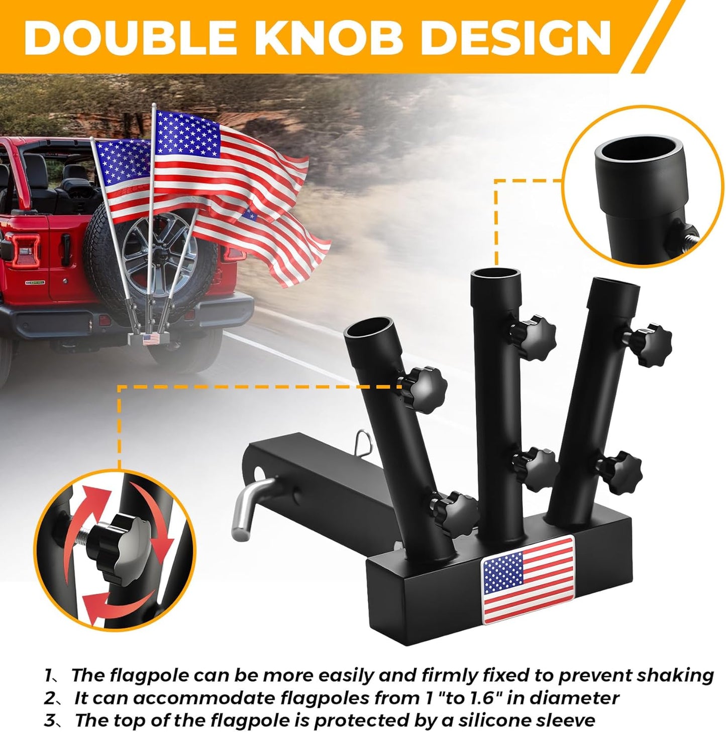 Heavy Duty Three Hitch Flag Holder, Trailer Hitch Flag Pole Holder, Fits 2" Trailer Receivers, Universal Hitch Flag Pole Holder Kit with Cars, Trucks, SUV, Pickups, Campers & Trailers