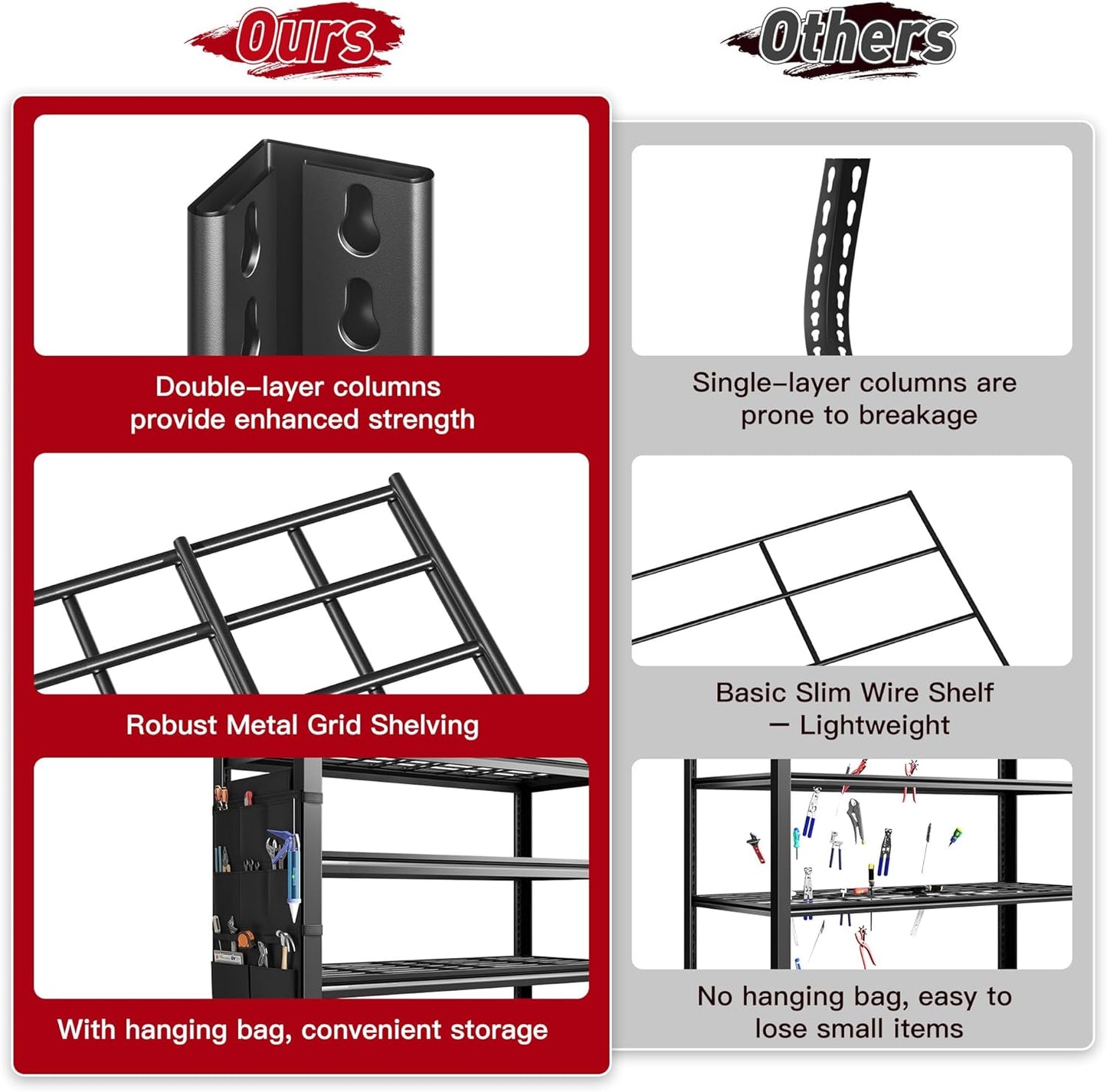 REIBII Storage Shelves, Heavy Duty Garage Shelving Load 2500LBS, 5-Tier Garage Shelves with Tool Storage Bag, Adjustable Industrial Metal Shelving for Basement, 66" H x38.2 W x16 D, Black