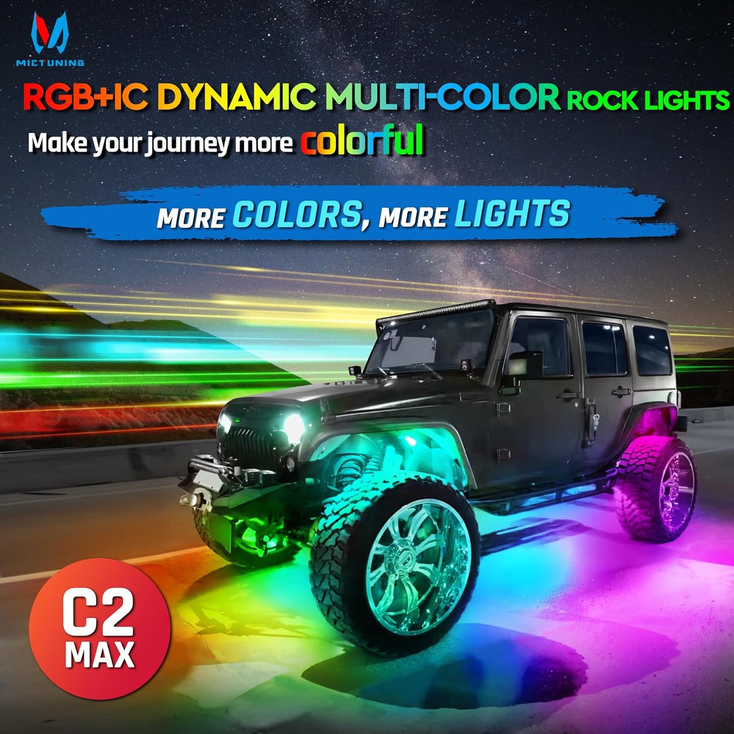 MICTUNING C2 Max RGB+IC Chasing Color LED Rock Lights - 8 Pods Underglow Lighting Kit, Dynamic Lighting Modes, Extensible Up to 24 Pods with Stable APP Control, IP68 Waterproof, DIY Effect