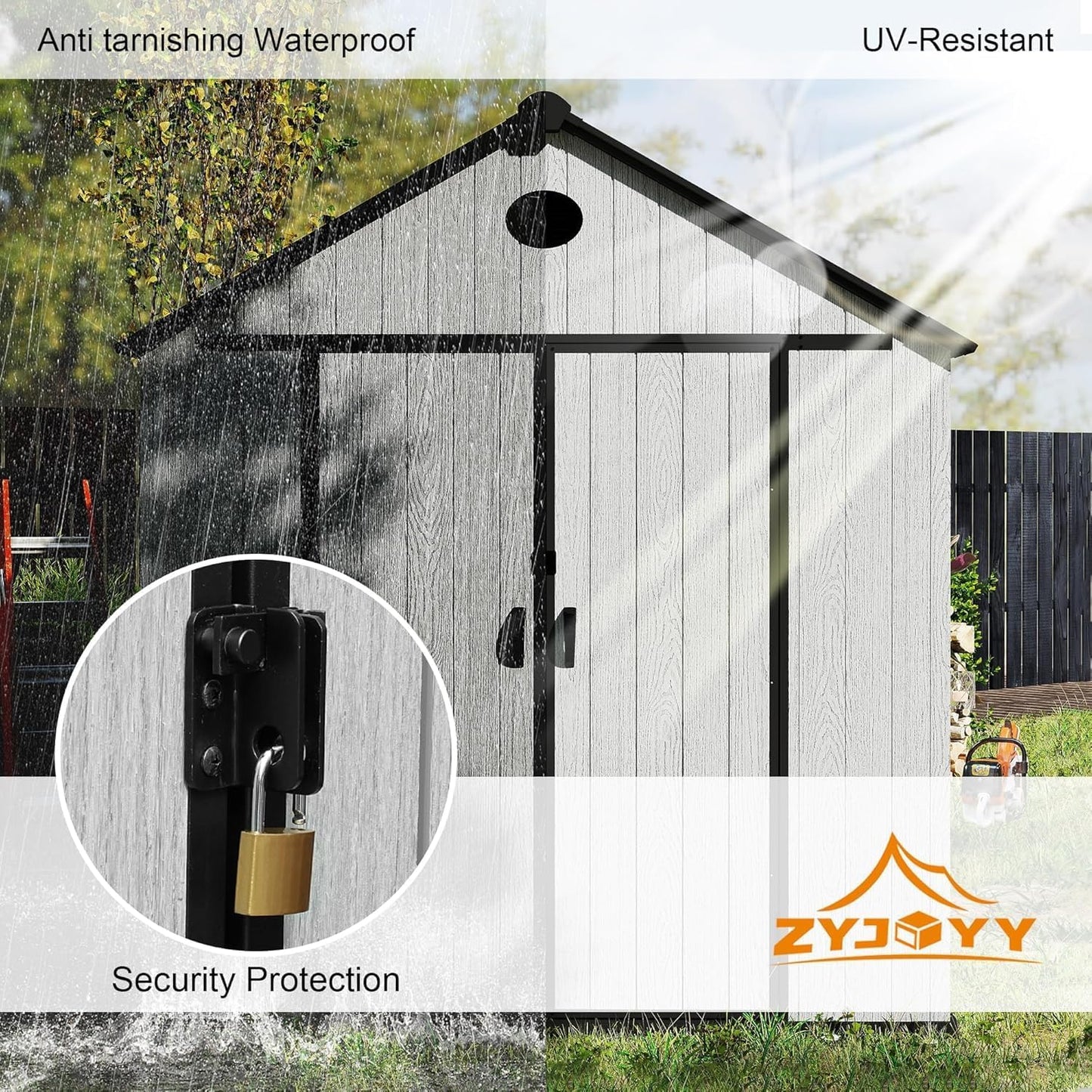 7.3 x 12 FT Shed Resin Outdoor Storage with Floor, 566 cuft Plastic Shed with Window and Lockable Door for Garden, Backyard, with Wood Texture, Grey