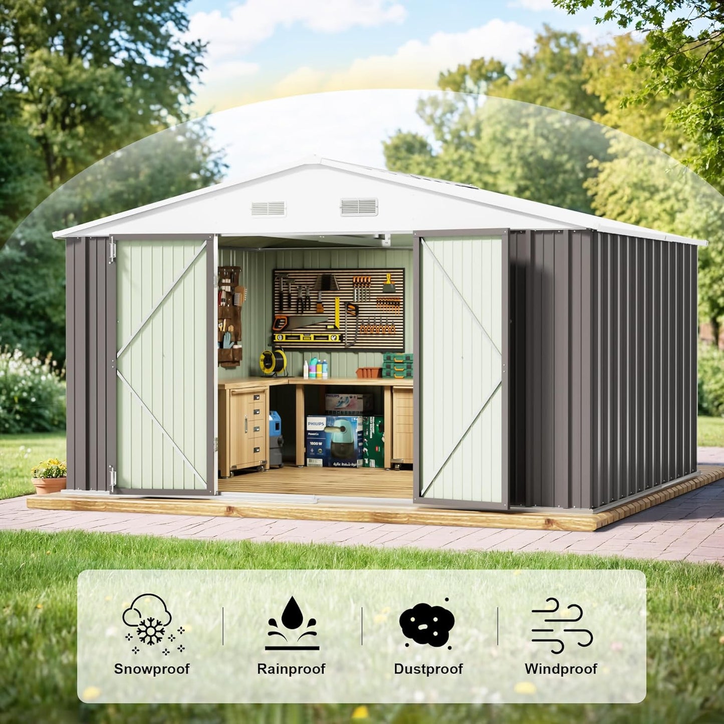 JUMMICO 8 x 10 FT Outdoor Storage Shed, Large Metal Garden Shed & Tool Sheds for Backyard Garden Patio Lawn (Grey)