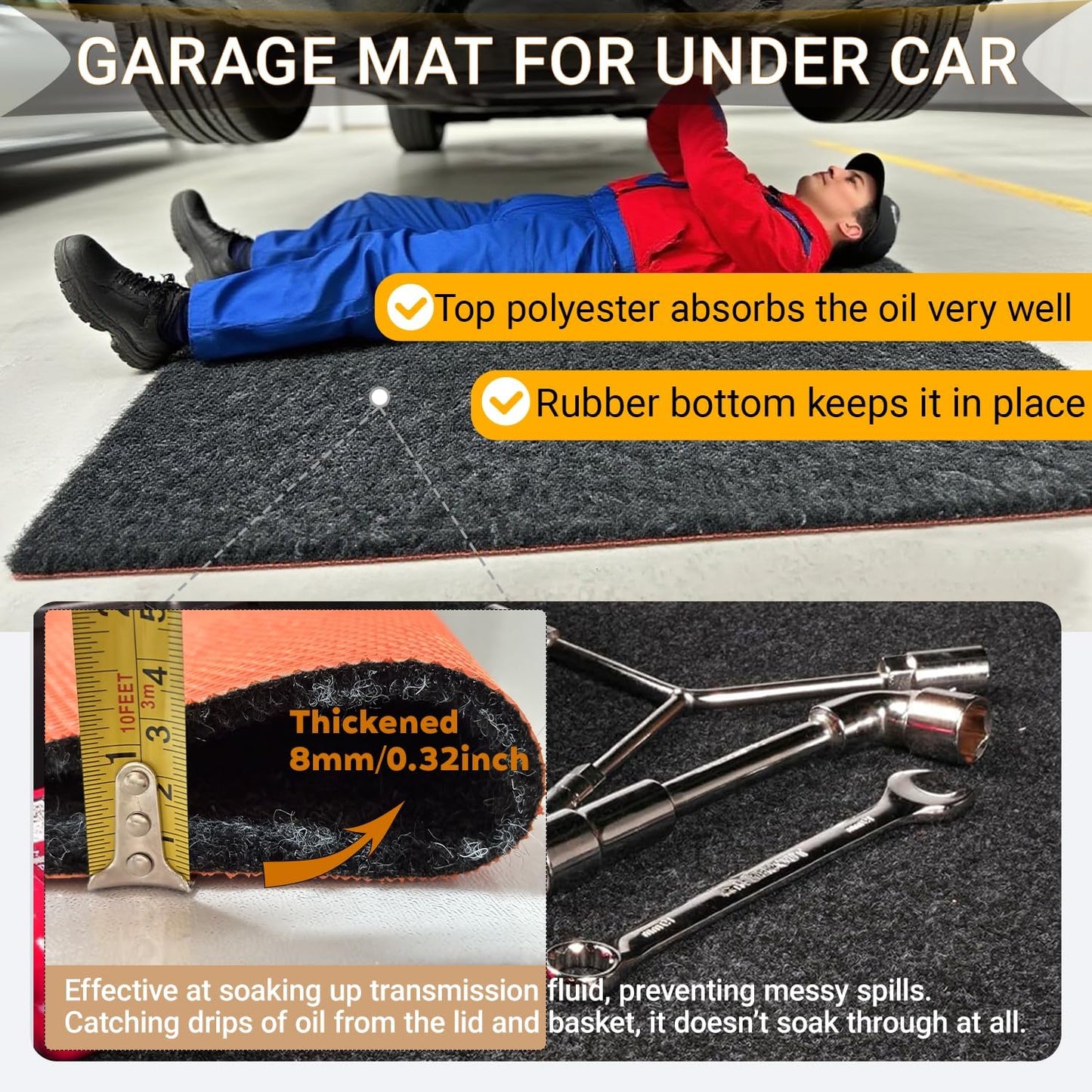 Oil Spill Garage Floor Mat Large, Heavy Duty 98" x 79" 8mm Thick Garage Mat for Floor Under Car, Absorbent Waterproof Non-Slip Rubber Backing Reusable Washable Maintenance Pad for Working, Black