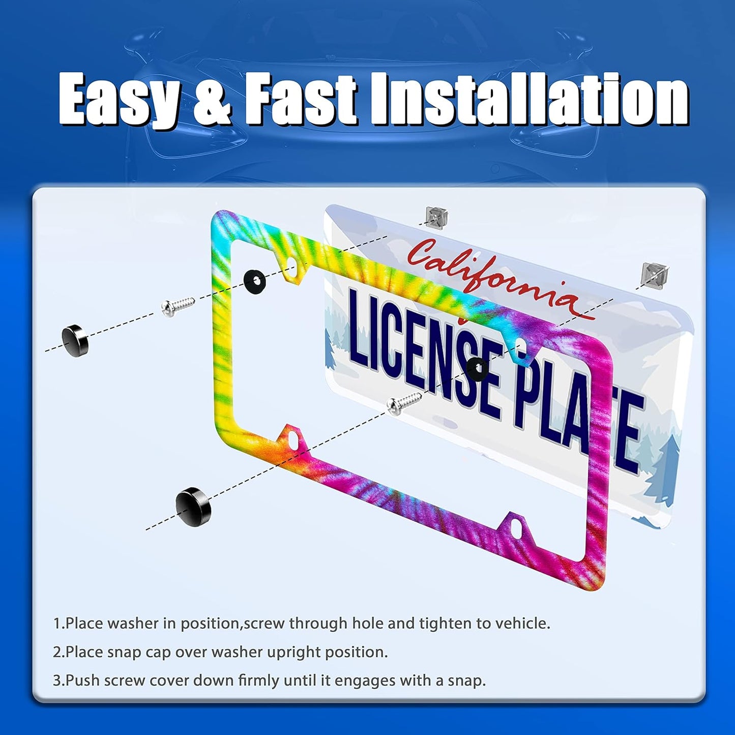 Colorful Hippie Tie Dye License Plate Frame Beautiful License Plate Stainless Steel Parts Funny License Plate Decorative with Screws Size 12.3" x 6.3" Women