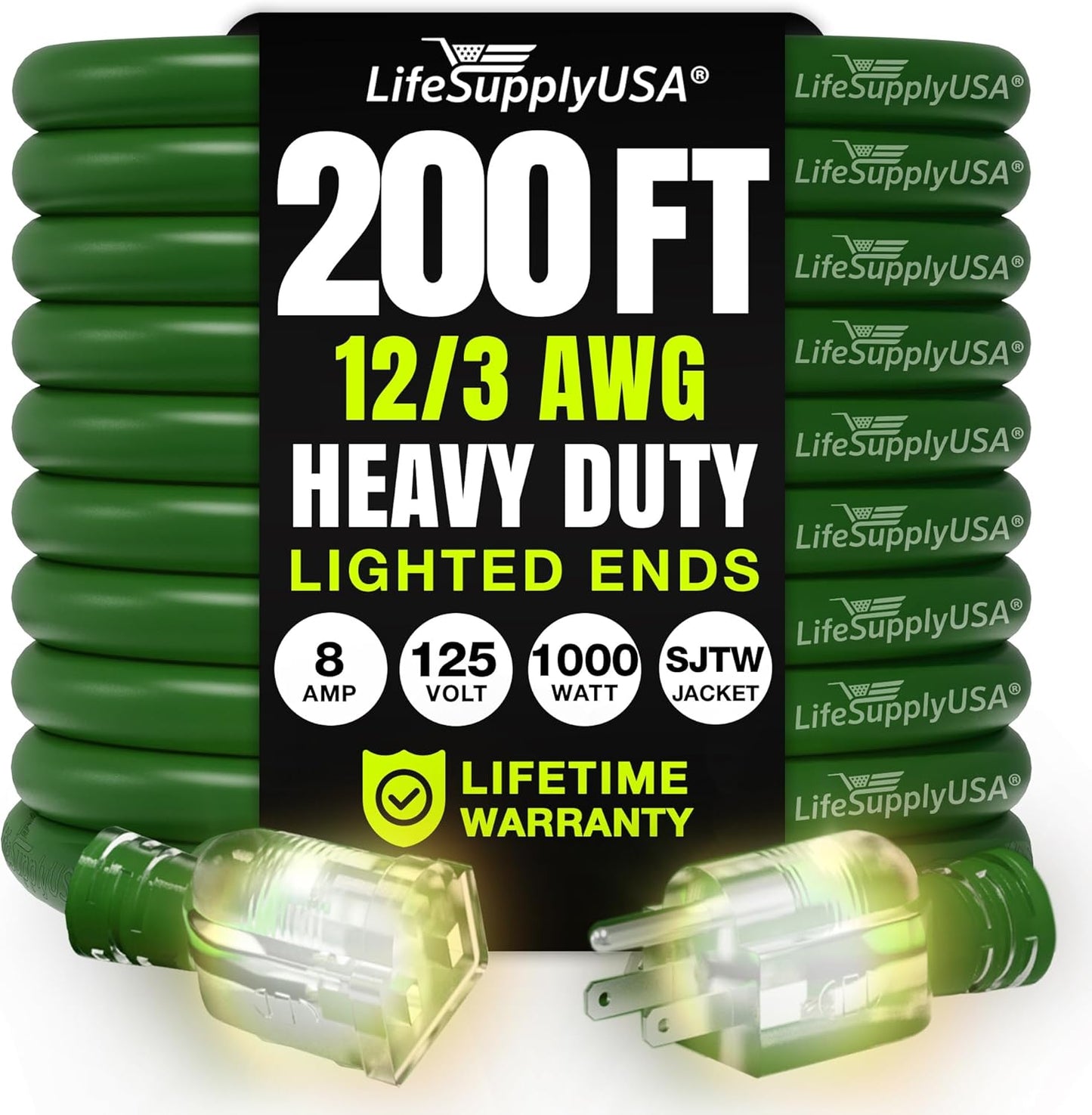200ft Outdoor/Indoor Extension Cord 12/3 Gauge Extra Heavy Duty 3 Prong SJTW, Waterproof, Flexible Cold-Resistant Long Power Cord,8A 125V 1000W, Green by LifeSupplyUSA