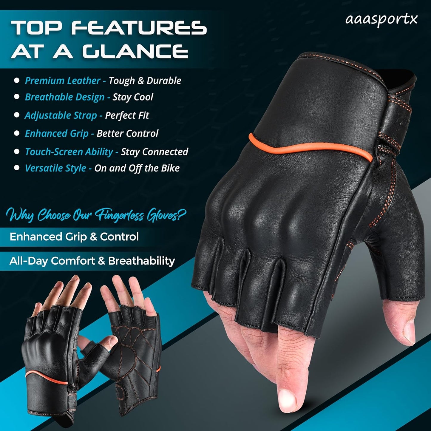 aasportx Motorcycle Gloves - Men's Leather Motorbike Gloves with Touchscreen Function - Non-Slip Pads for Men & Women