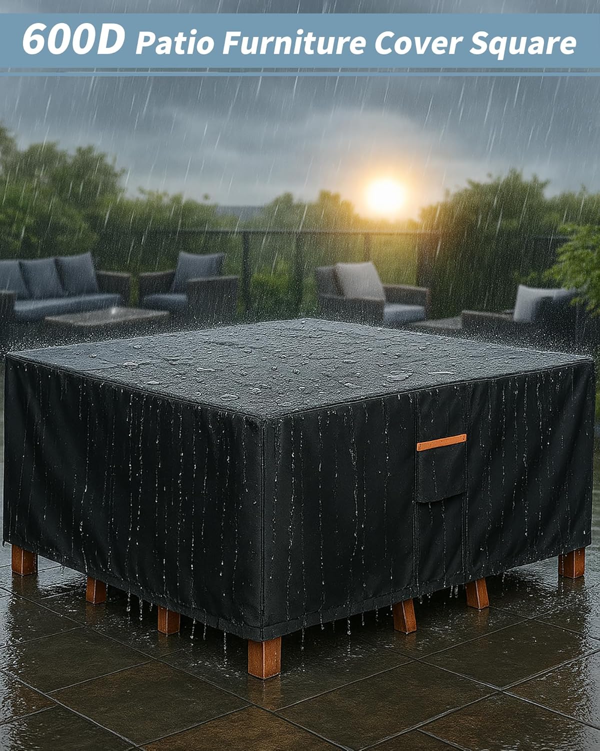 Outdoor Waterproof Furniture Cover, 62W x 62L x 28H inches Heavy Duty 600D Square Table and Chair Set Protection, Black