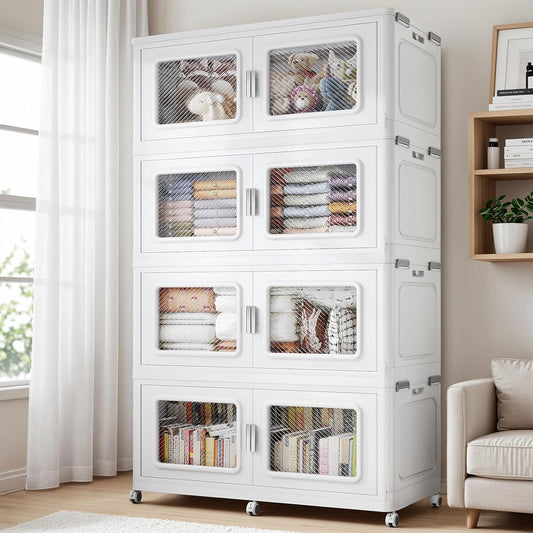 1200 Qt Stackable Storage Bin with Lid, 300Gal Extra Large Collapsible Storage Boxes, Folding Plastic Drawer, Heavy-Duty Store Cabinet, Closet Organizer for Home Kitchen, 4 Pack White