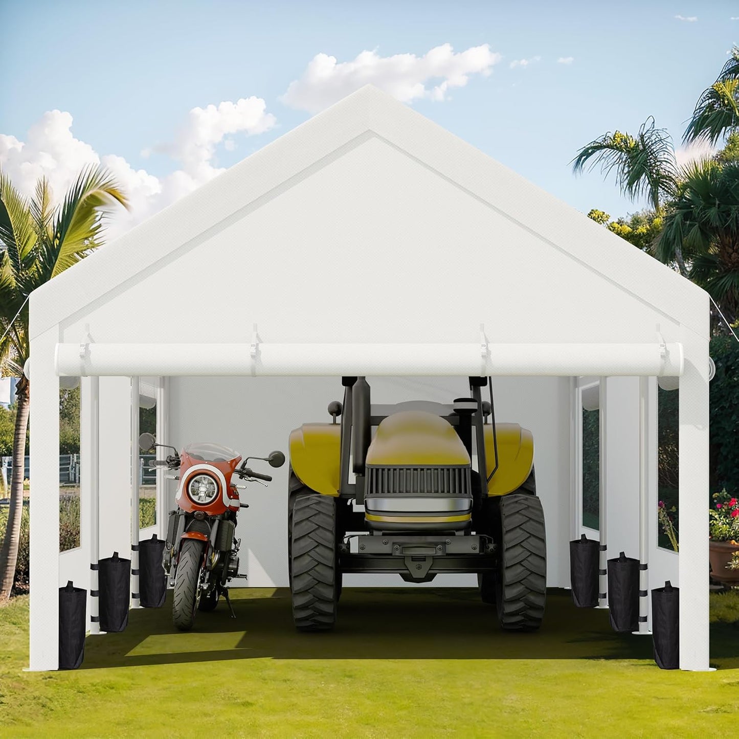 JY QAQA Carport, 12x20 FT Heavy Duty Carport Reinforced Steel Poles with Removable Sidewalls & Doors,Roll-up Windows Car Canopy with Sandbags and All-Season Tarp for Car Boat Truck Motorcycle