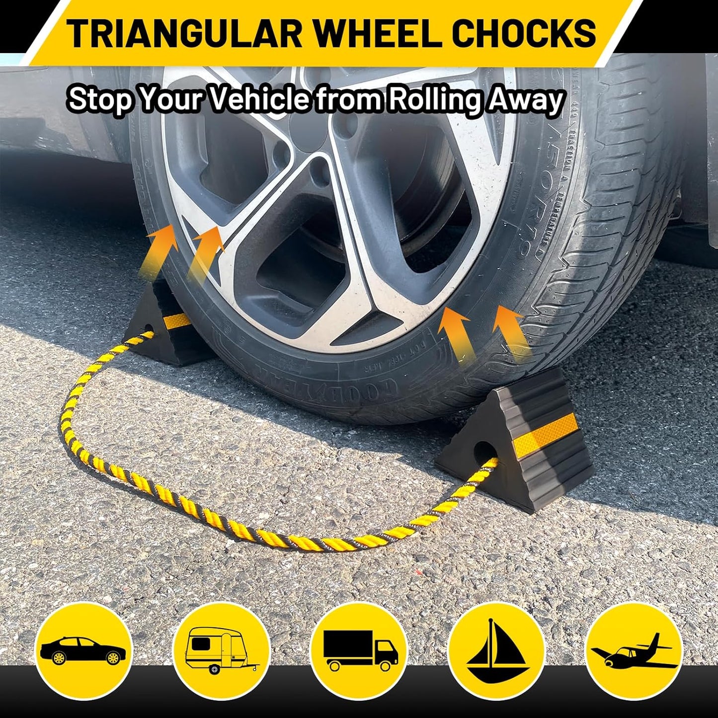 ROBLOCK Rubber Wheel Chocks for RV Trailer Camper Truck Car Aircraft Boat, Versatile Rubber Chocks Block Stopper for Tire with Reflective Strips, Utility RV Accessories, 2pair/4pack