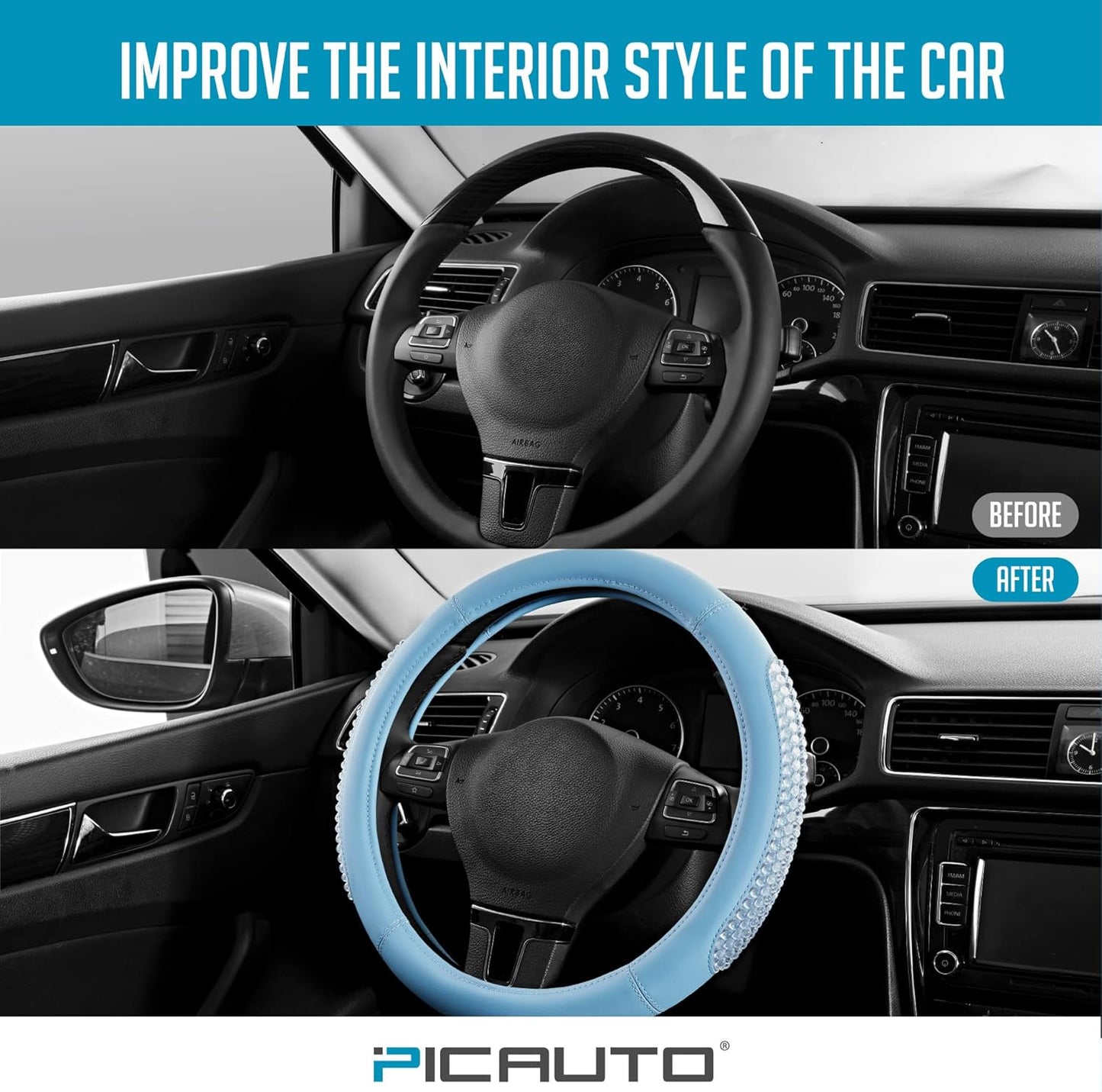 PIC AUTO Gel Particles Steering Wheel Cover, Blue Luxury Leather Car Steering Wheel Protector, Universal Fit 14.5"-15.5" Anti-Slip Car Interior Accessories for Girls & Womenn