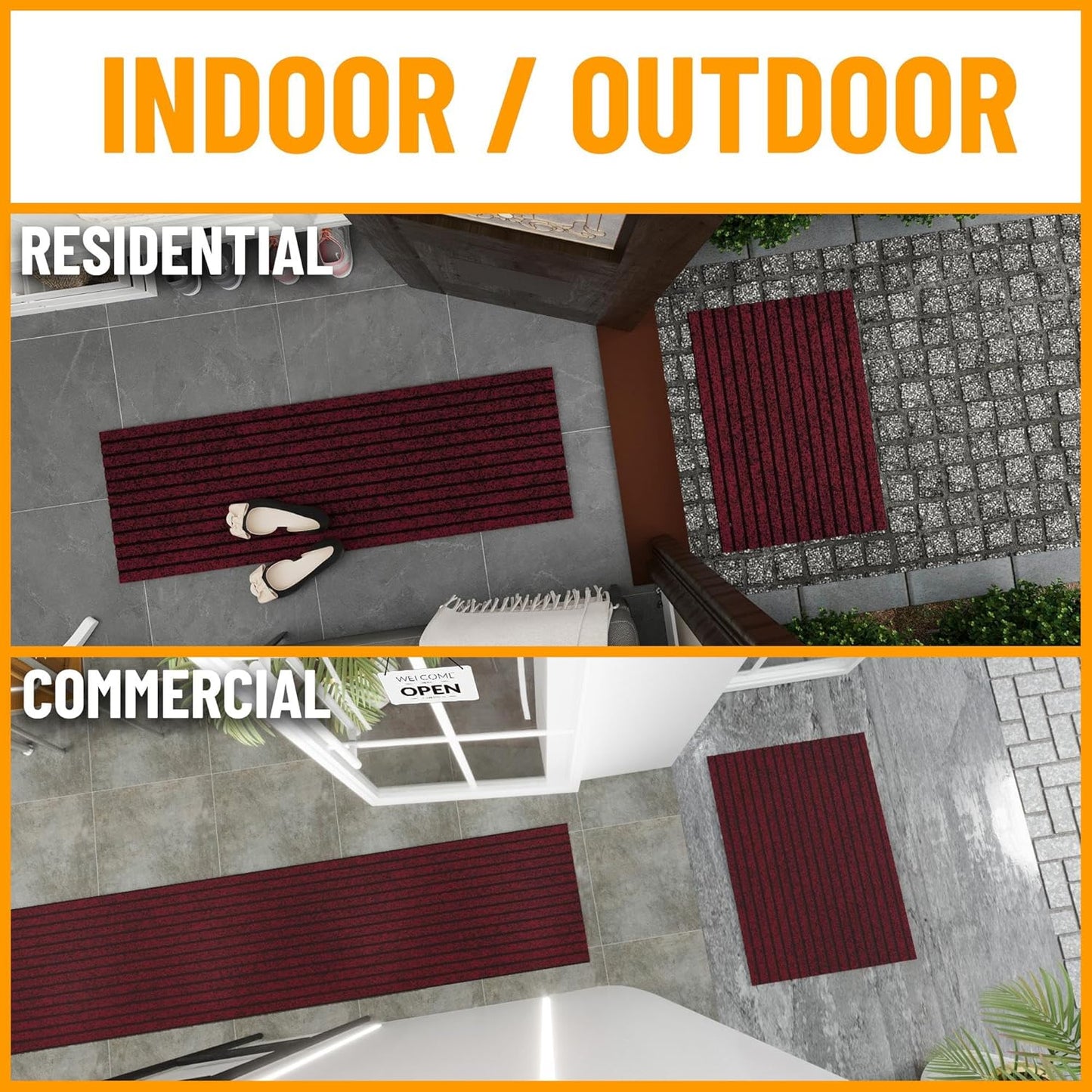 Ottomanson 2' x 5' Hallway Runner with Scraper Pile - Extra Durable Non-Slip Rug Mat for Indoor & Outdoor Use - Ideal for Kitchen, Entryway, Patio & Garage - High-Traffic Carpet, Red