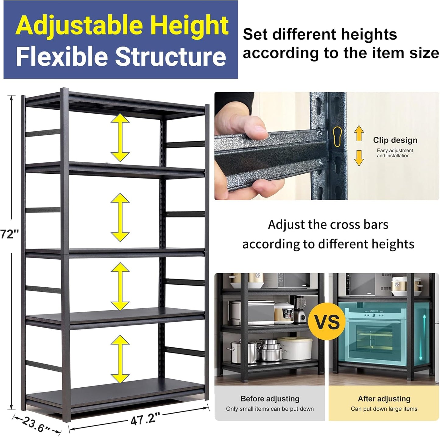 TOPKEY Metal Storage Shelf Garage Storage Shelves, Heavy Duty 5-Tier Utility Shelves for Garage, Kitchen, Warehouse, Adjustable Basement Storage Rack, Load 2500LBS, 72" H x 47.2" W x 23.6" D