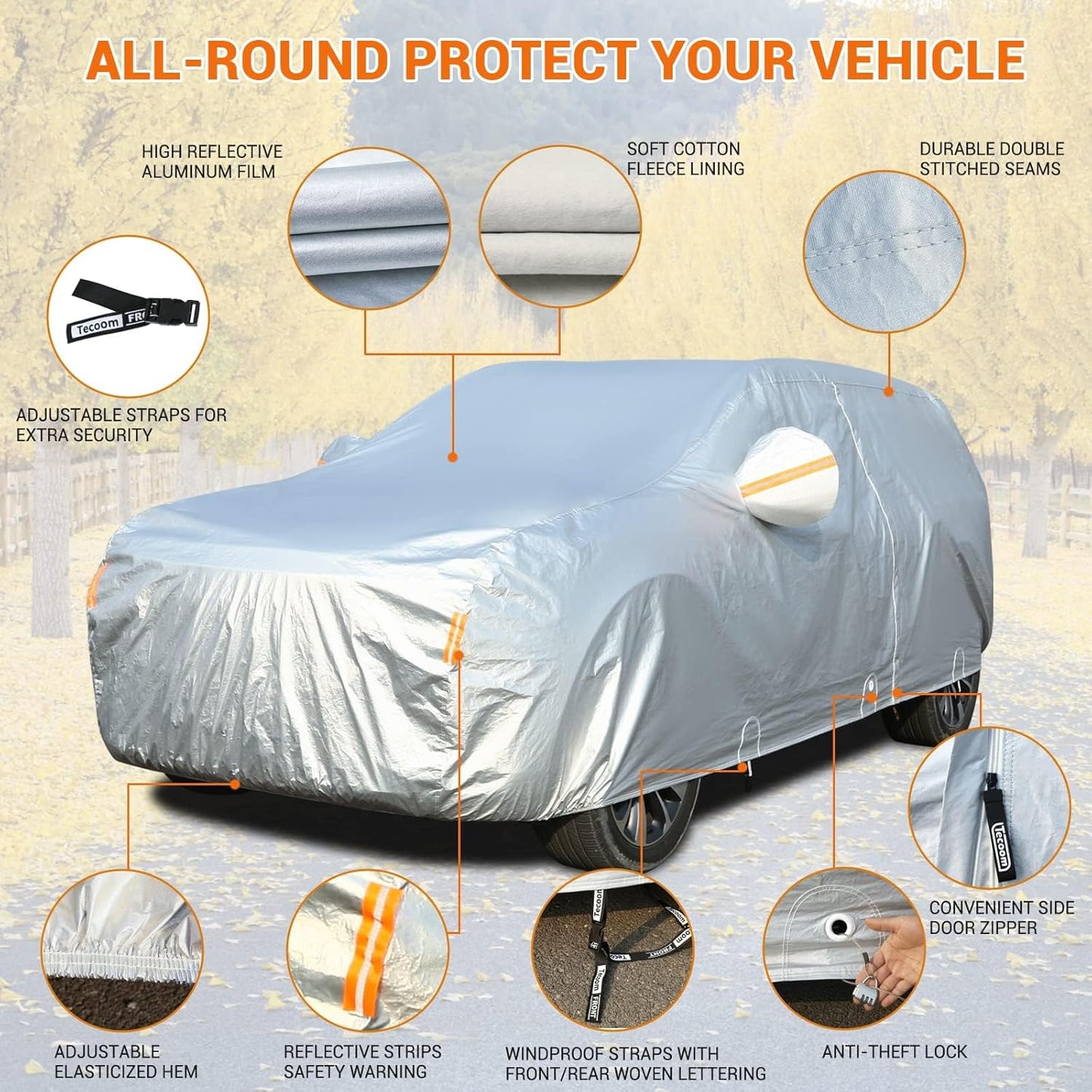 Tecoom Car Cover Waterproof All Weather, Fleece Lining with Zipper Door Lock Car Covers for Automobiles, 3 Layers Full Outdoor Car Cover Wind Snow Hail UV Sun Protection Fit for SUV (191-205 Inch)