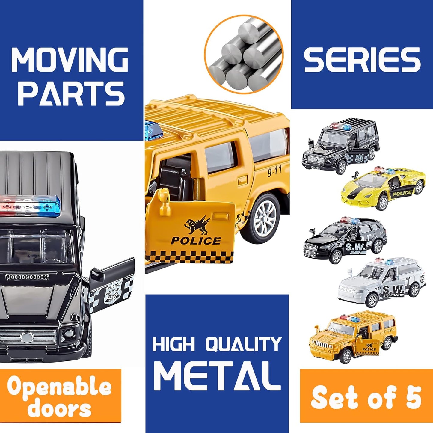 KIDAMI Die Cast Metal Little Toy Cars Set of 5, Openable Doors Pull Back Car Gift Pack for Kids (Police car)